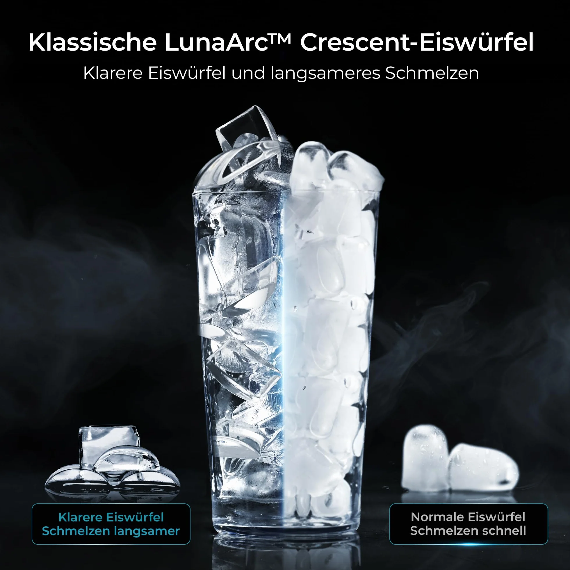 EUHOMY LunaArc Crescent Przenośna kostkarka do kostek lodu z kryształowym półksiężycem, 1600 sztuk/dzień gotowa w 12 minut, automatyczne głębokie czyszczenie, maszyna do kostek lodu do whisky/kawy