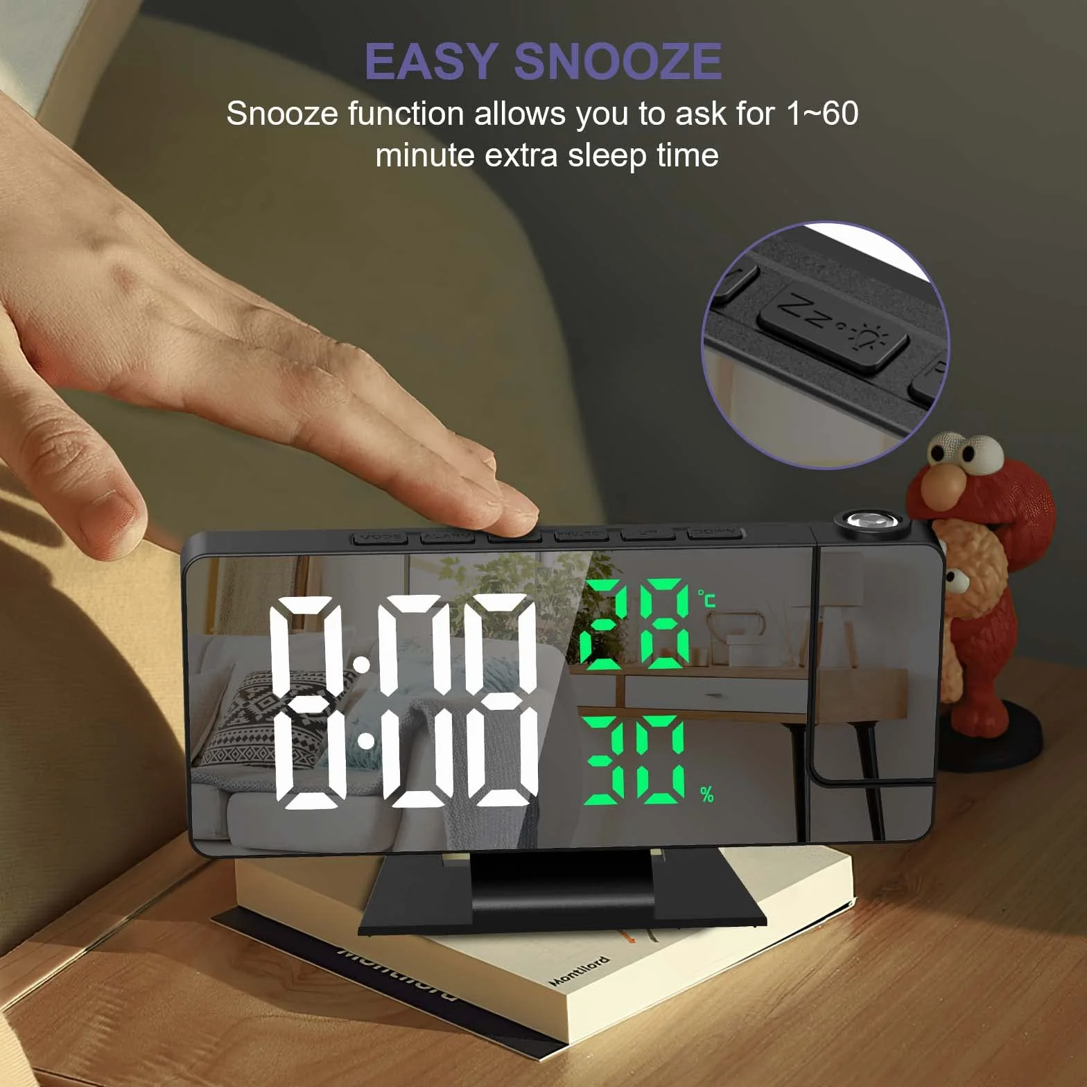 Projekcyjny budzik, budzik nocny z projektorem 180°, 7,8-calowy cyfrowy zegar z lustrem LED, temperaturą i wilgotnością, 4 regulowane jasności, drzemka, zegary do sypialni [Biały+Zielony]