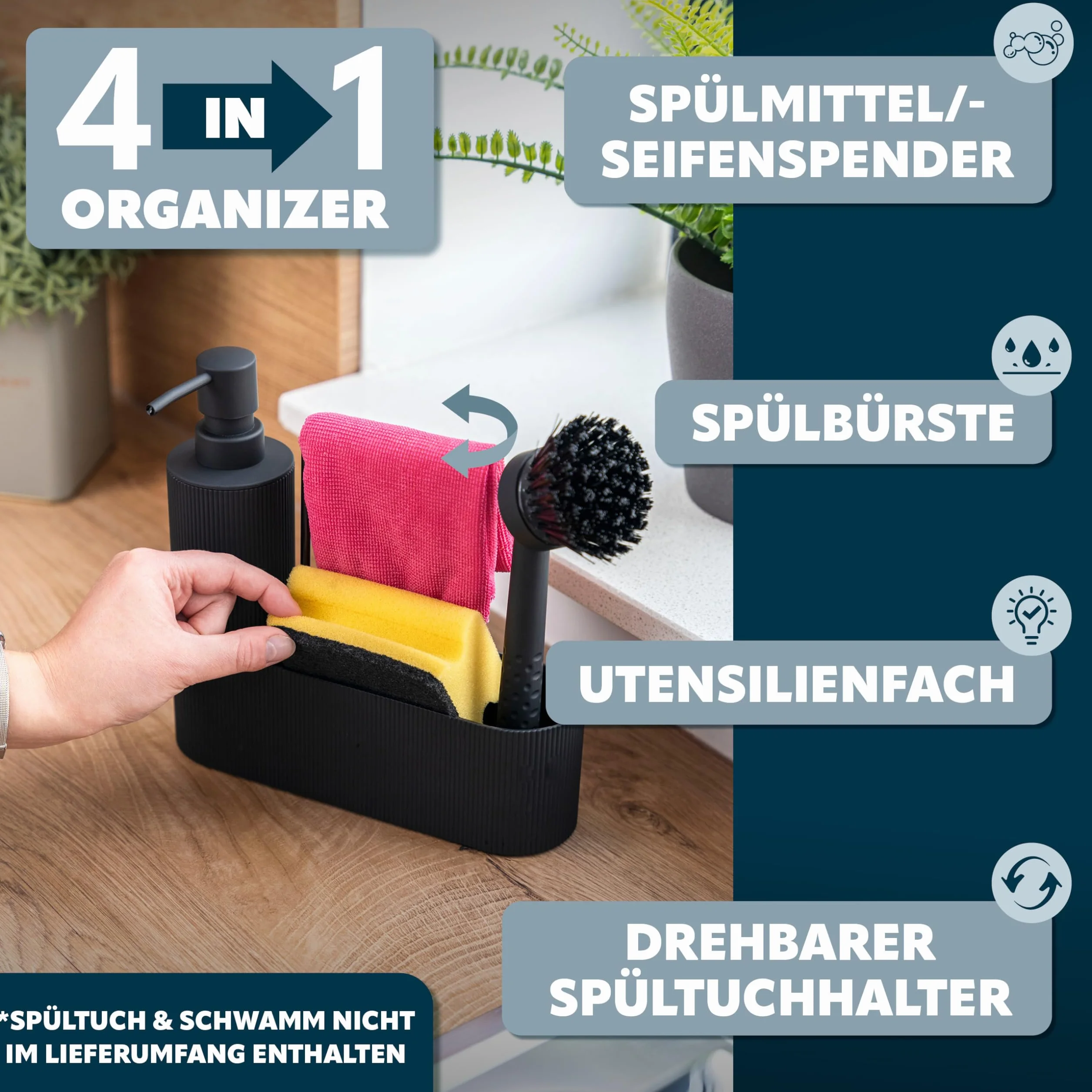 eluno Zestaw 2 szt. składający się z organizera do zlewu z powierzchnią Soft-Touch i maty do ociekania wraz z ociekaczem na 9 talerzy, zestaw do mycia naczyń z dozownikiem mydła o pojemności 350 ml