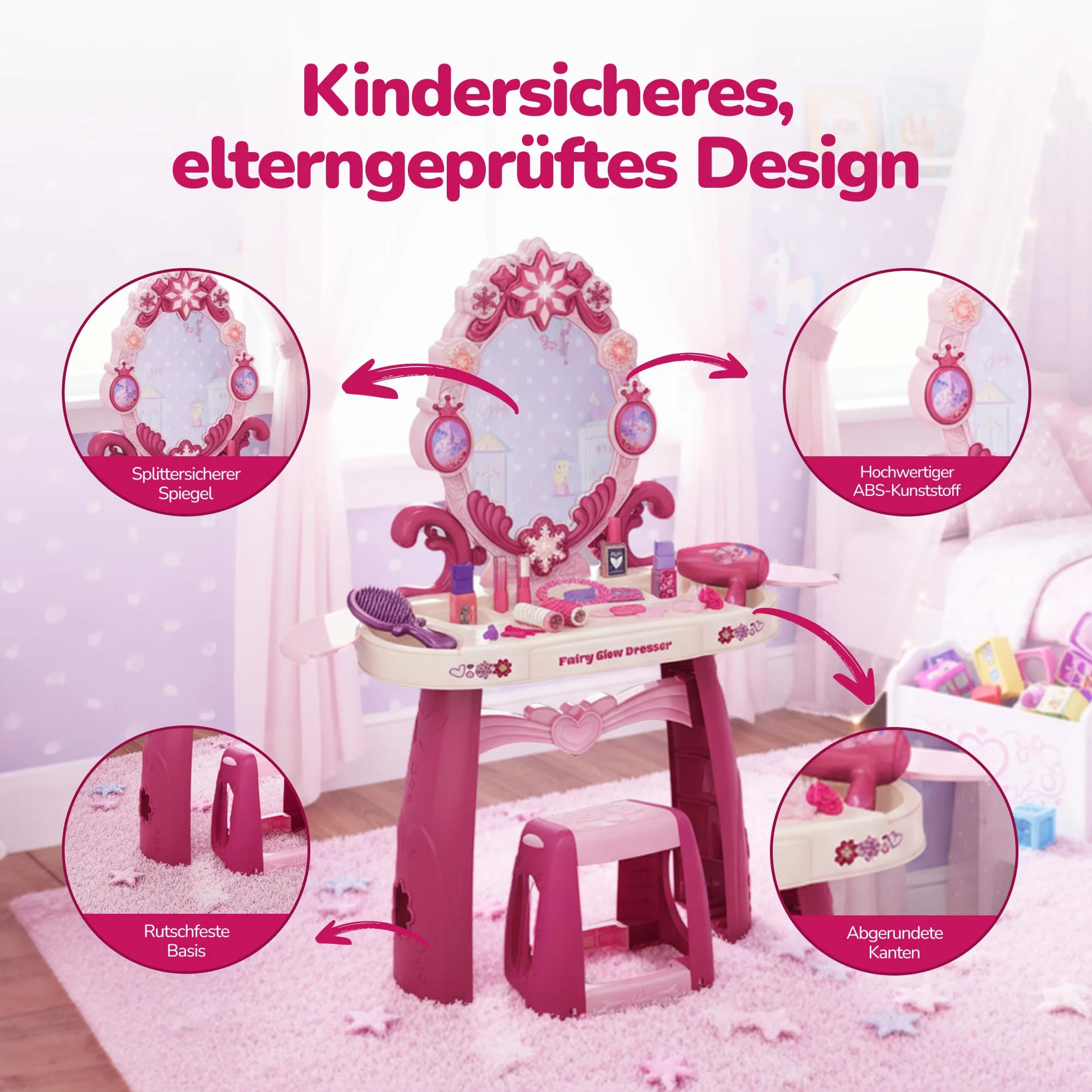 Kinderplay Fairy Glow Dresser toaletka dla dzieci z oświetleniem i dźwiękiem – zabawka dla dziewczynek od 3 lat – zestaw do makijażu dla dzieci z lustrem i 32 akcesoriami