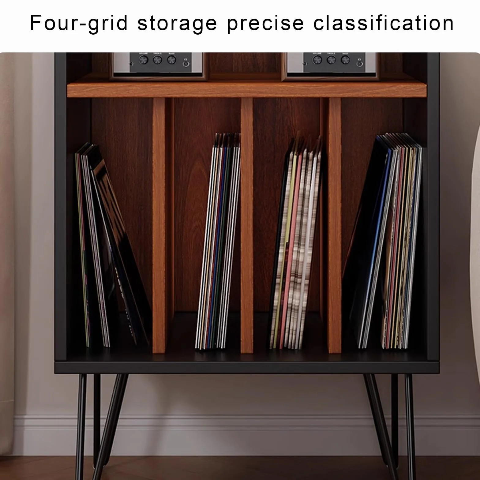 Stylowy stojak na gramofon z miejscem na płyty winylowe drewniane i metalowe nogi gramofon do domowego systemu audio meble centrum rozrywki