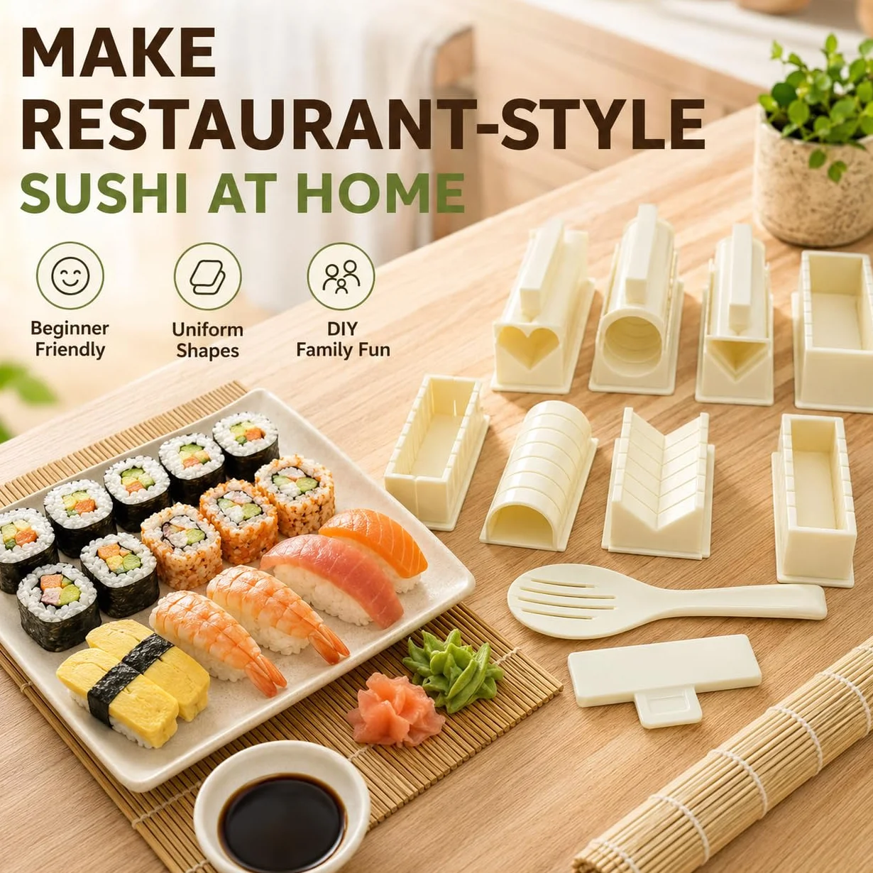 EXZACT 10-częściowy zestaw do sushi z foremkami do ryżu (5 kształtów: serce, okrąg, piramida, kwadrat, styl japoński) – kreatywna domowa kuchnia DIY – łatwy w użyciu, kremowo-biały