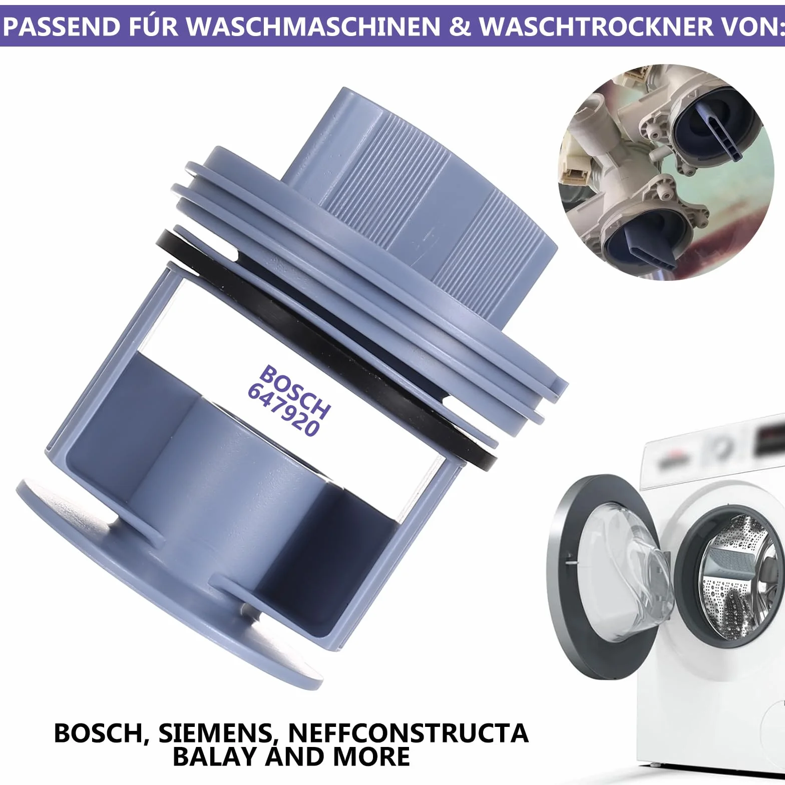 Flusensieb Kompatybilny z Bosch Neff Constructa Balay Pralko-suszarka, Wymienny Filtr Pompy Ø 64 mm Niebieski POM