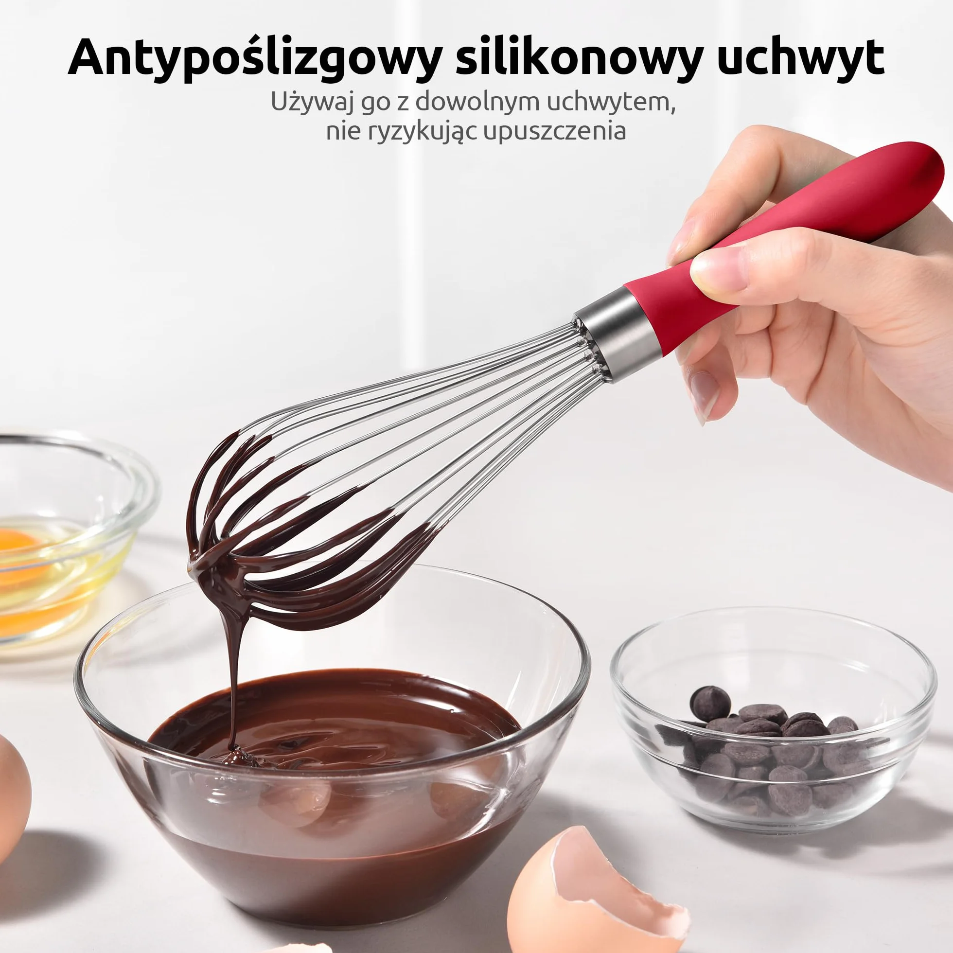 U-Taste Trzepaczka Kuchenna: Trzepaczka do jajek ze stali nierdzewnej 18/10, 23 cm, mała, z 6 elastycznymi drutami i antypoślizgową silikonową rączką do ubijania.(Czerwony)