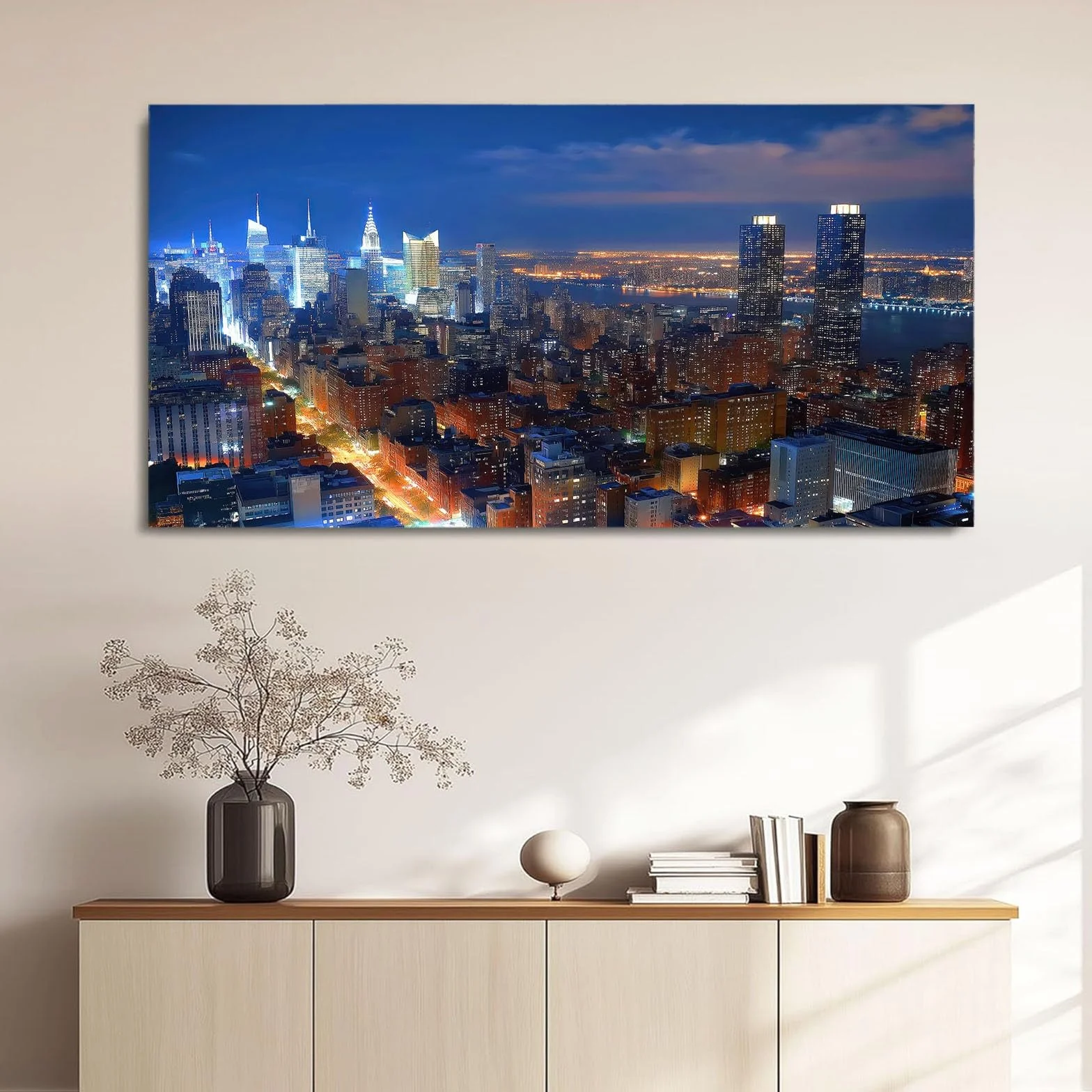 Nowoczesny obraz na płótnie 120 x 60 cm niebieski miasto drapacz chmur widok nocny - obraz na płótnie na drewnianej ramie i dekoracja do salonu i sypialni
