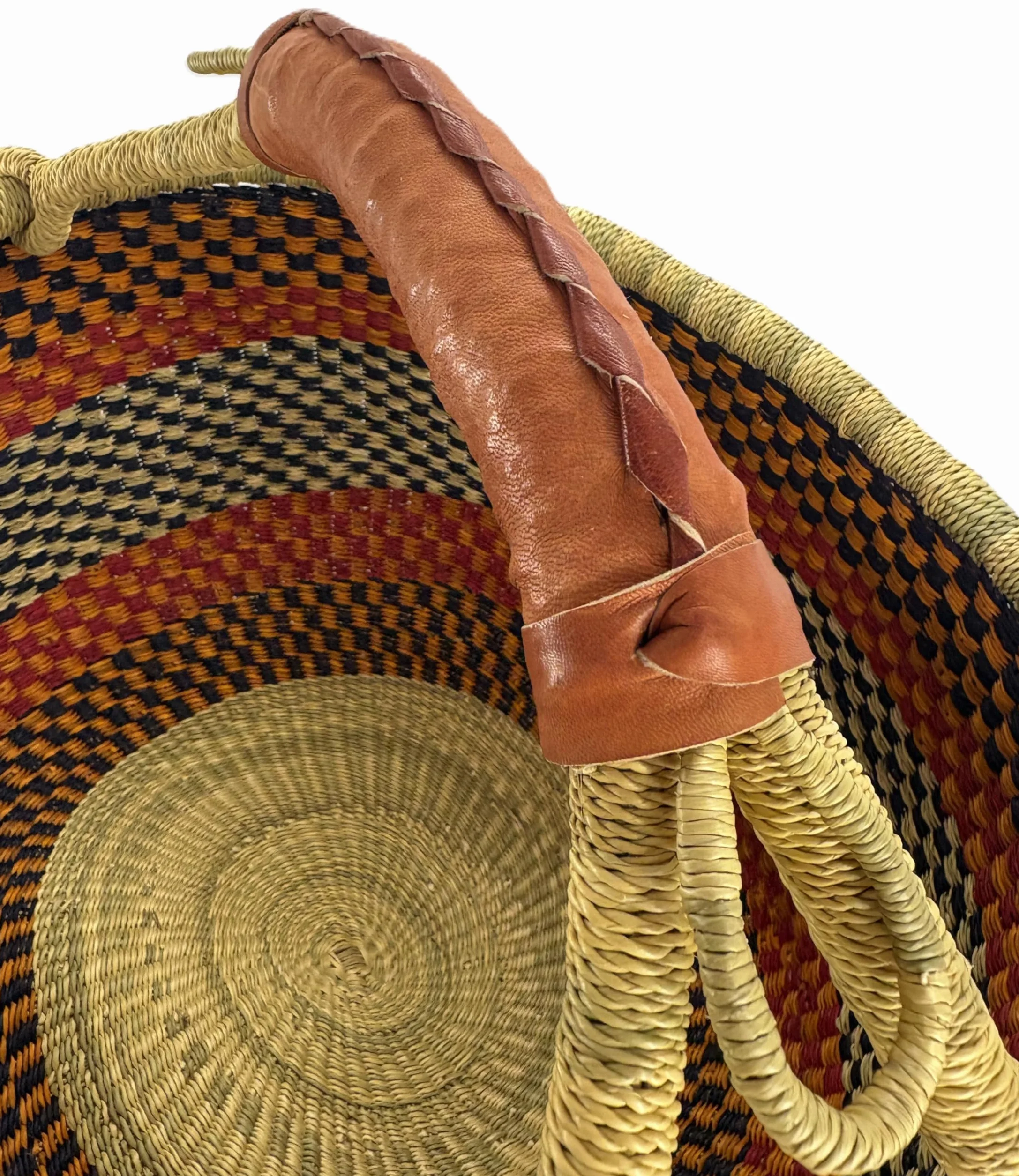 Duży okrągły kosz Bolga oryginalny afryka Ghana koszyk na zakupy skórzany uchwyt Fair Trade Ca: 35-40 cm