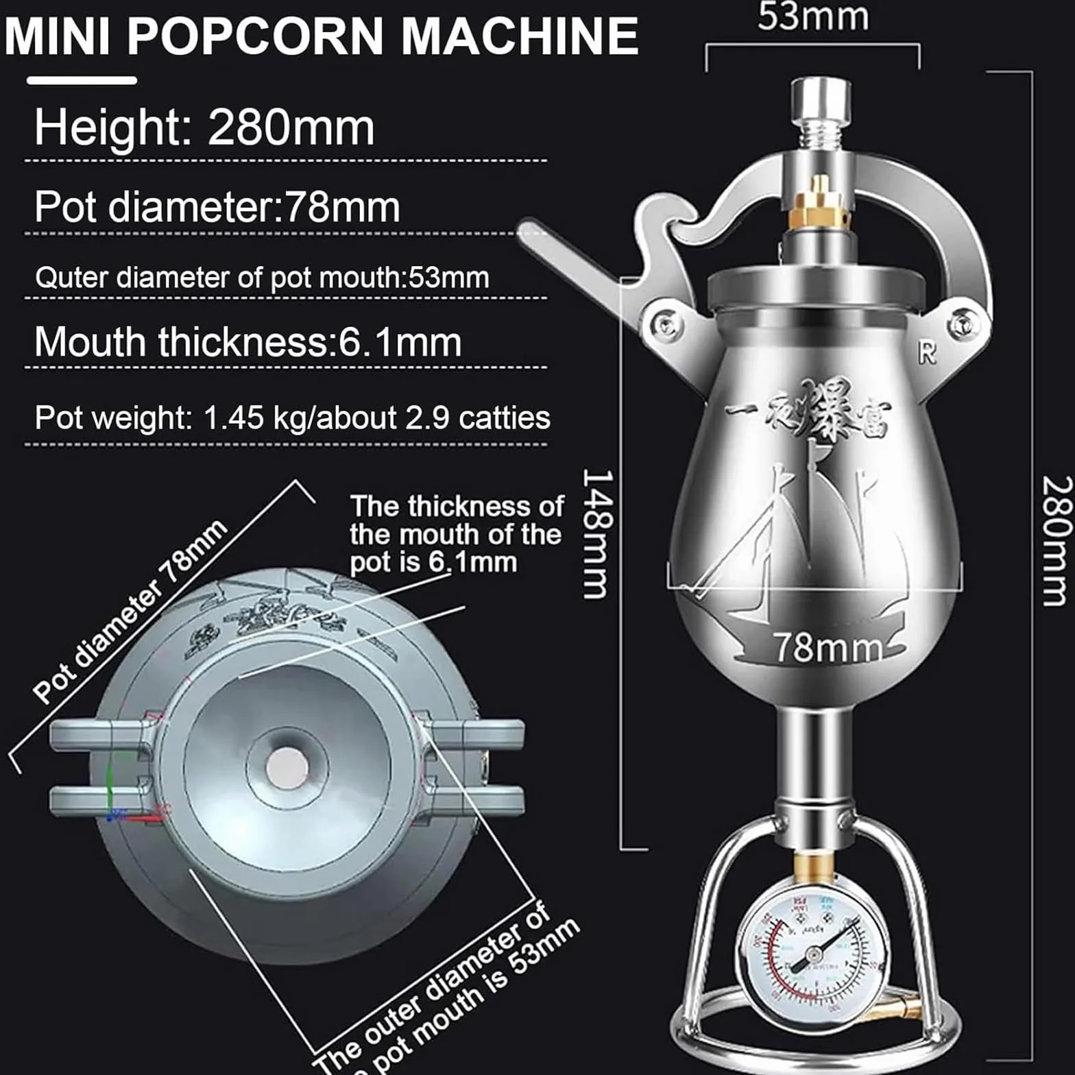 Profesjonalna maszyna do popcornu z manometrem 238 ml