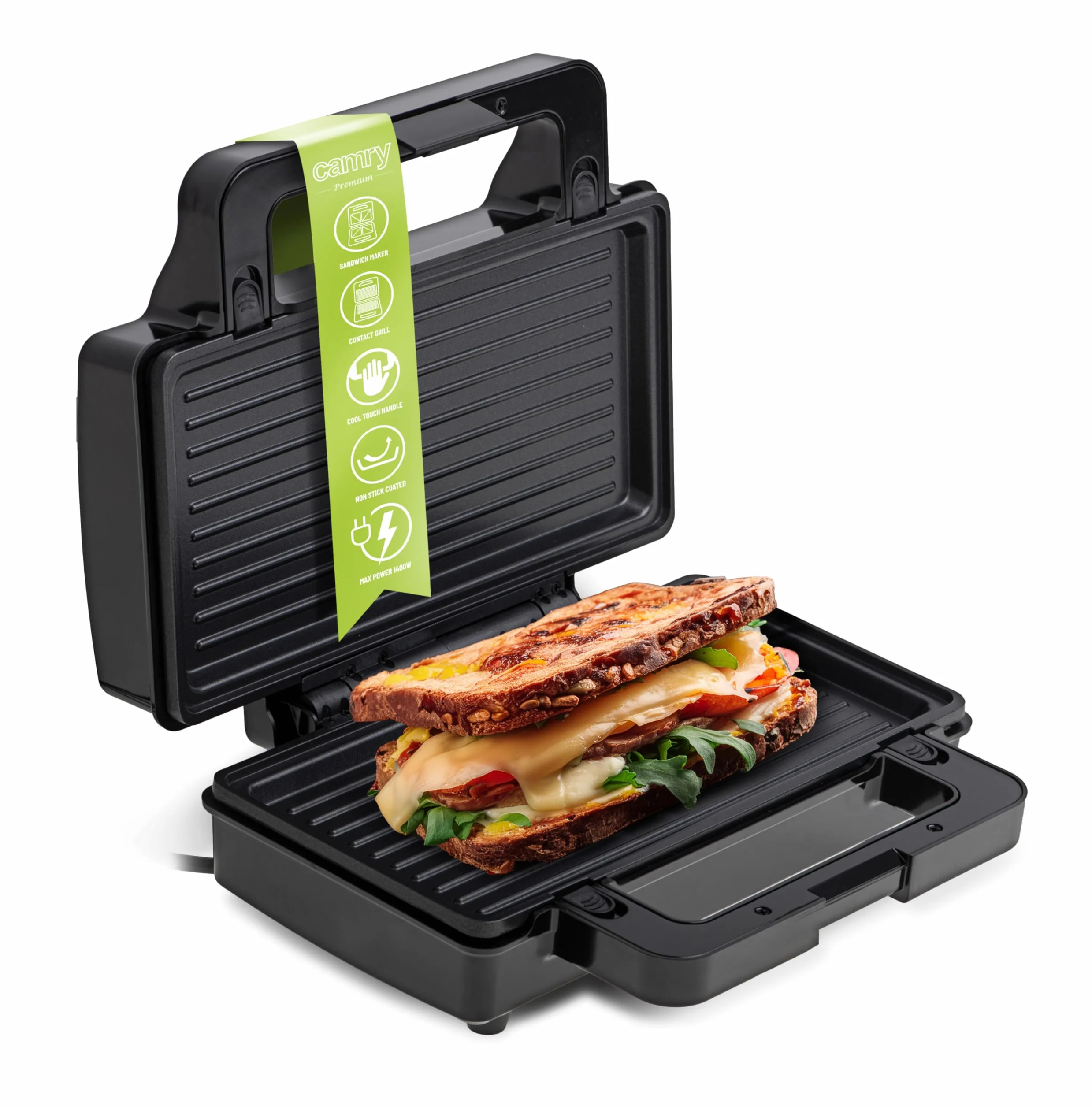 CAMRY – Toster Panini 2 w 1,grill opiekacz do kanapek, 2 rodzaje wymiennych płyt, nieprzywierająca powłoka, 1400 W, srebrno-czarny, CR3074
