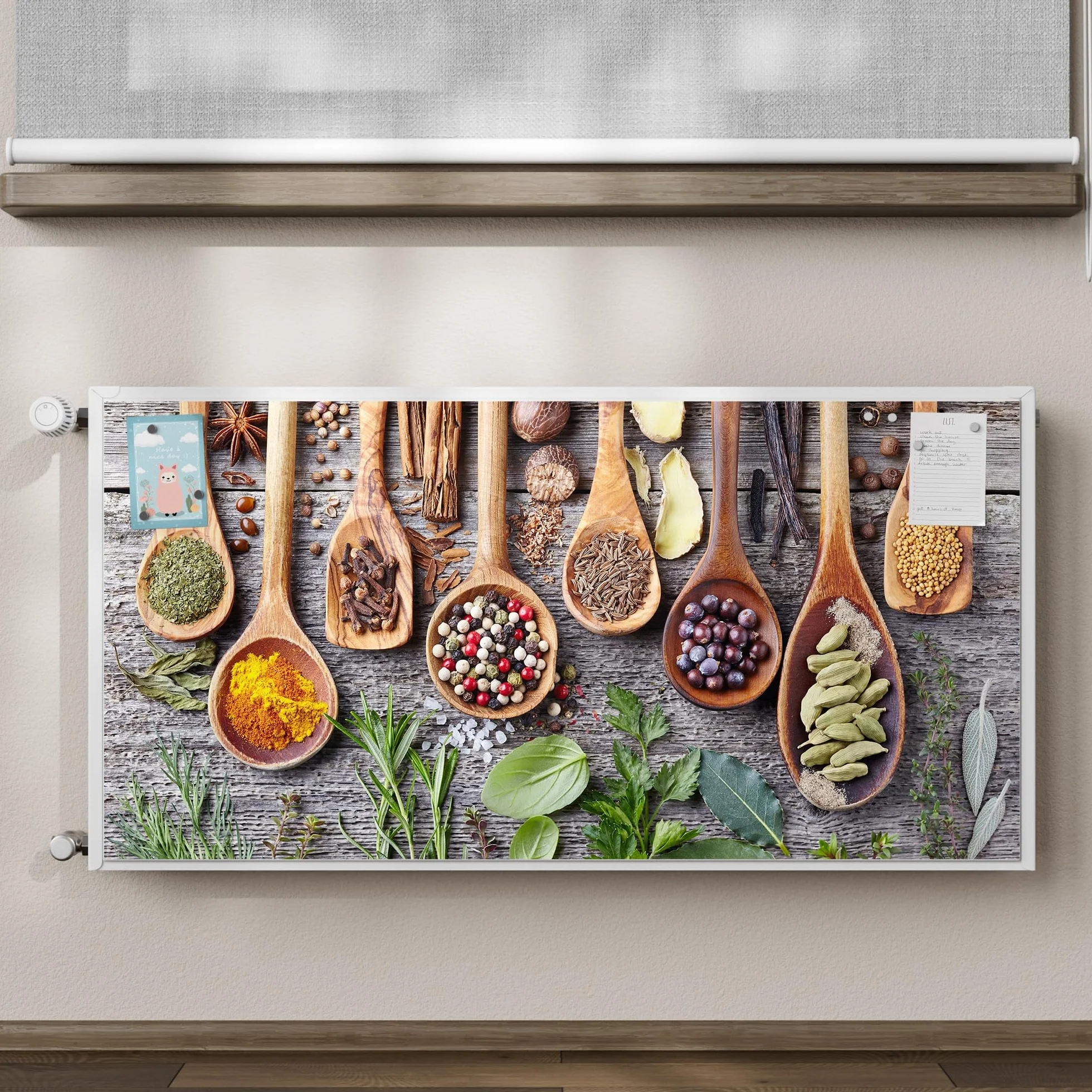 DEQORI Folia magnetyczna do ogrzewania 120 x 60 cm | motyw zdobiona łyżka kuchenna | dekoracyjna mata magnetyczna, ochrona grzejników | magnetyczna folia dekoracyjna samoprzylepna, magnetyczna i