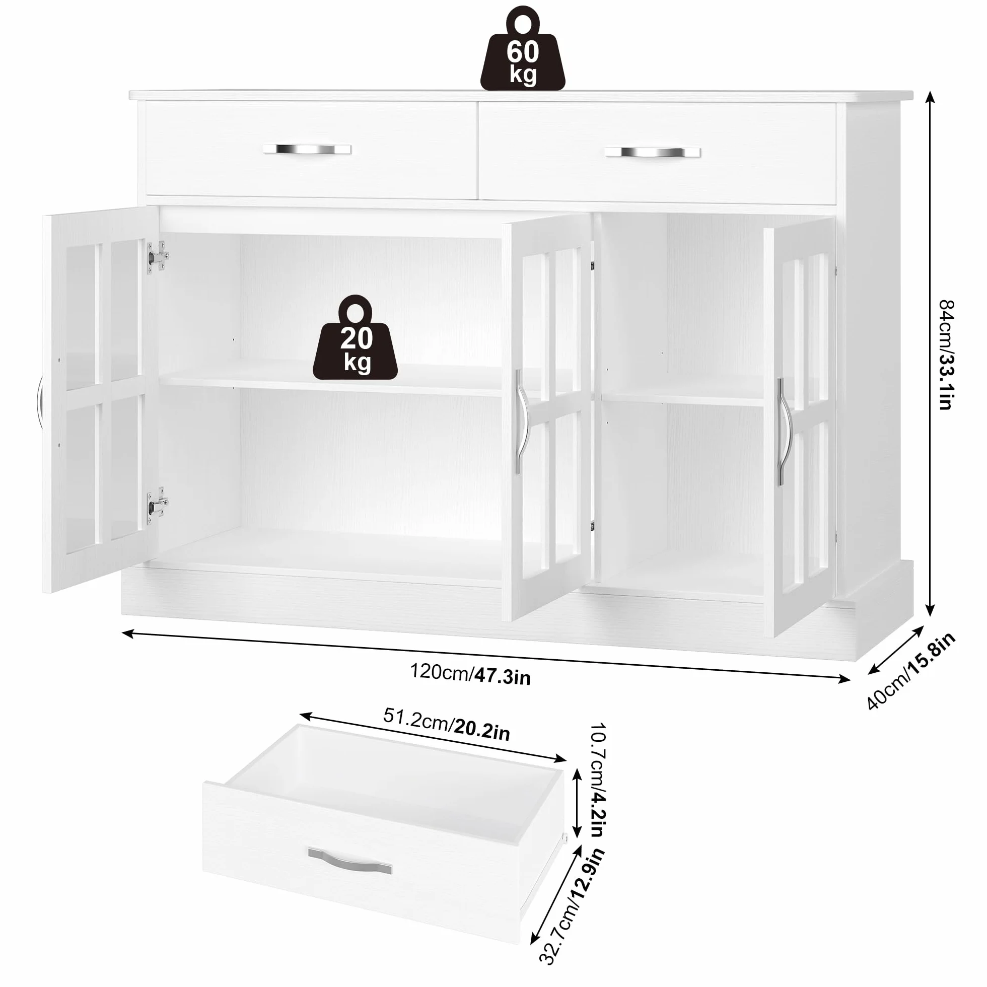 FirFurd Szafka kuchenna, kredens z 3 szklanymi drzwiami i 2 szufladami, szafka bufetowa, drewniana szafka do przechowywania, do salonu, jadalni, korytarza, 120 x 84 x 40 cm