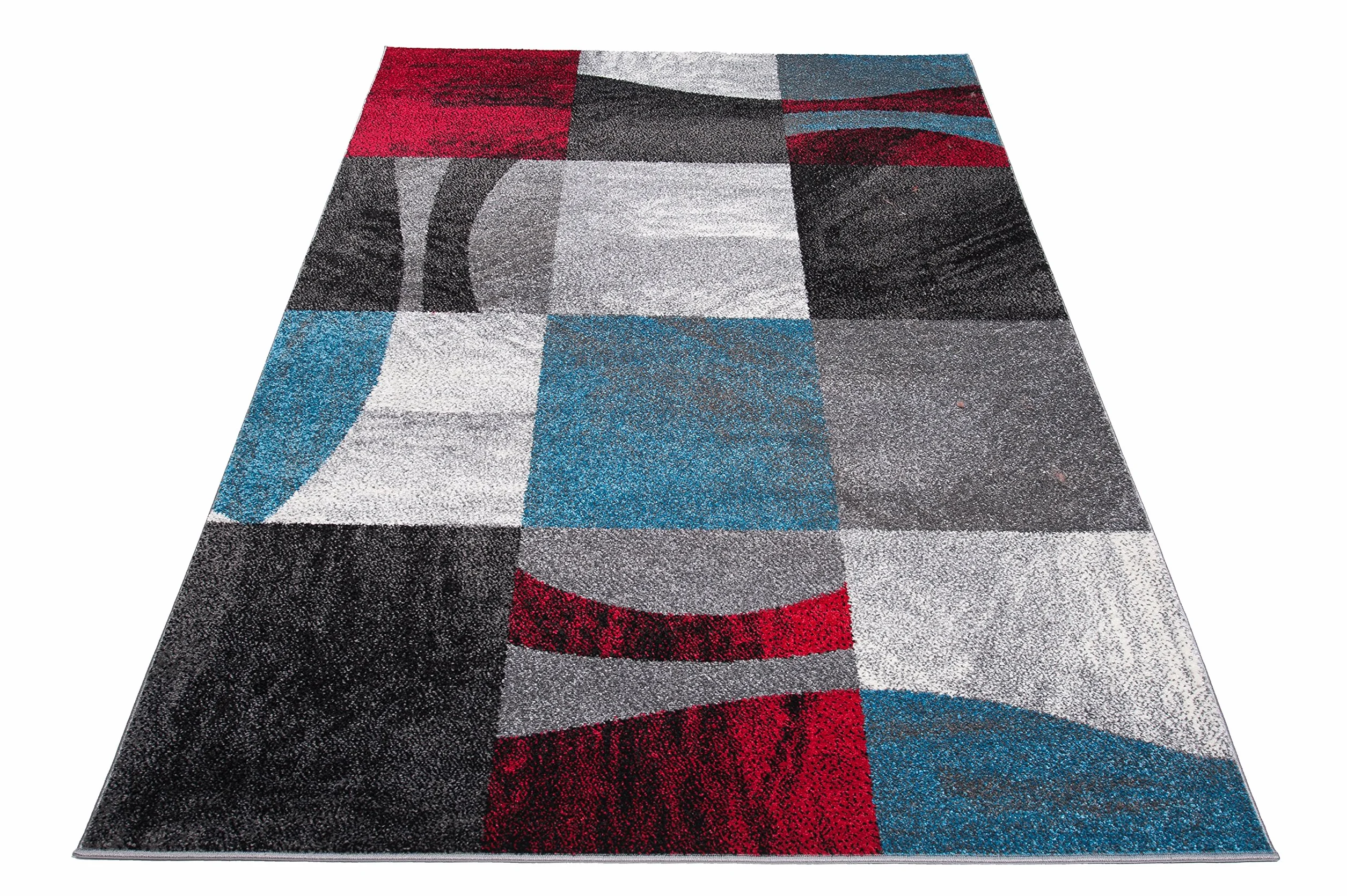 Tapiso Jawa dywan z krótkim włosiem, designerski, szary, czerwony, niebieski, wielokolorowy, z abstrakcyjnymi paskami, wzór w kratkę, kwadratowy wzór, idealny do salonu, pokoju gościnnego, Ökotex 140 x 190 cm