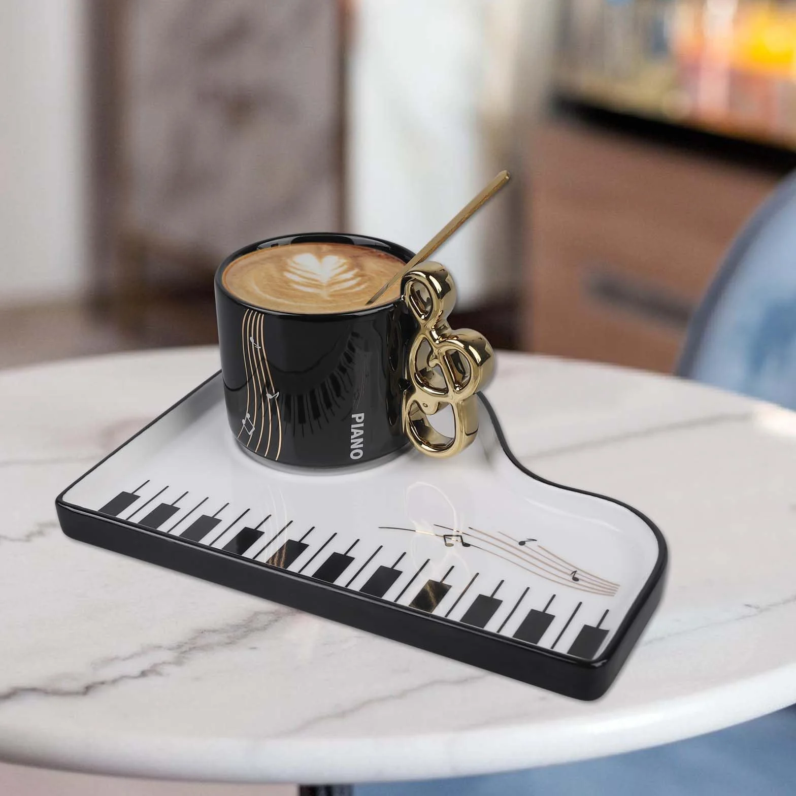 Filiżanka do kawy na fortepianie, 200 ml, ceramiczne kubki do kawy, filiżanki, spodki, zestaw filiżanek do cappuccino ze spodkami i łyżeczką, porcelanowy kubek muzyczny, filiżanka do espresso dla