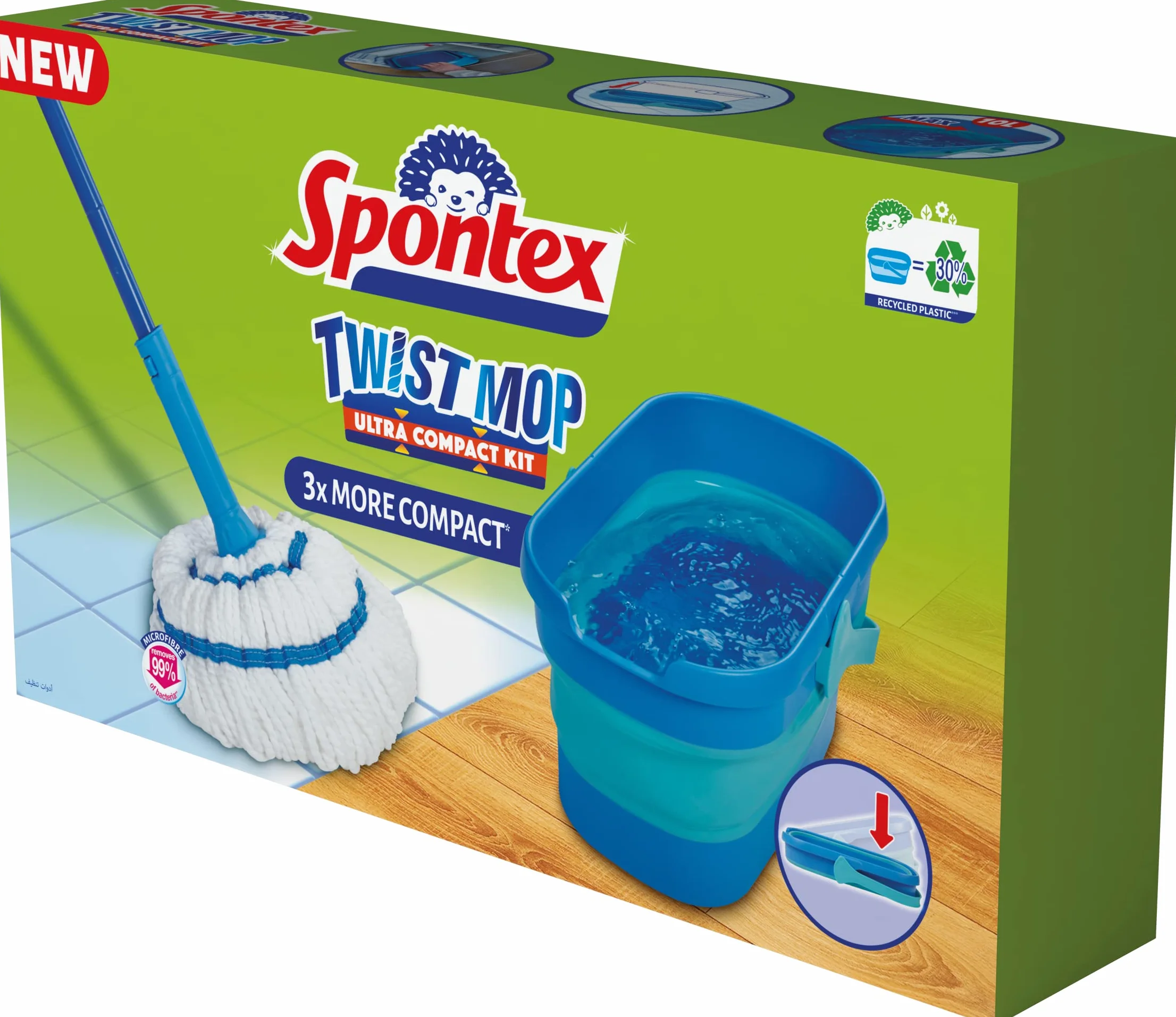 Spontex Ultra kompaktowy zestaw mopa i wiadra, mop z mikrofibry z wbudowanym systemem samoczynnego wyciskania, składane wiadro 10 l, do czyszczenia podłóg laminowanych, drewnianych i płytek, zmywalna