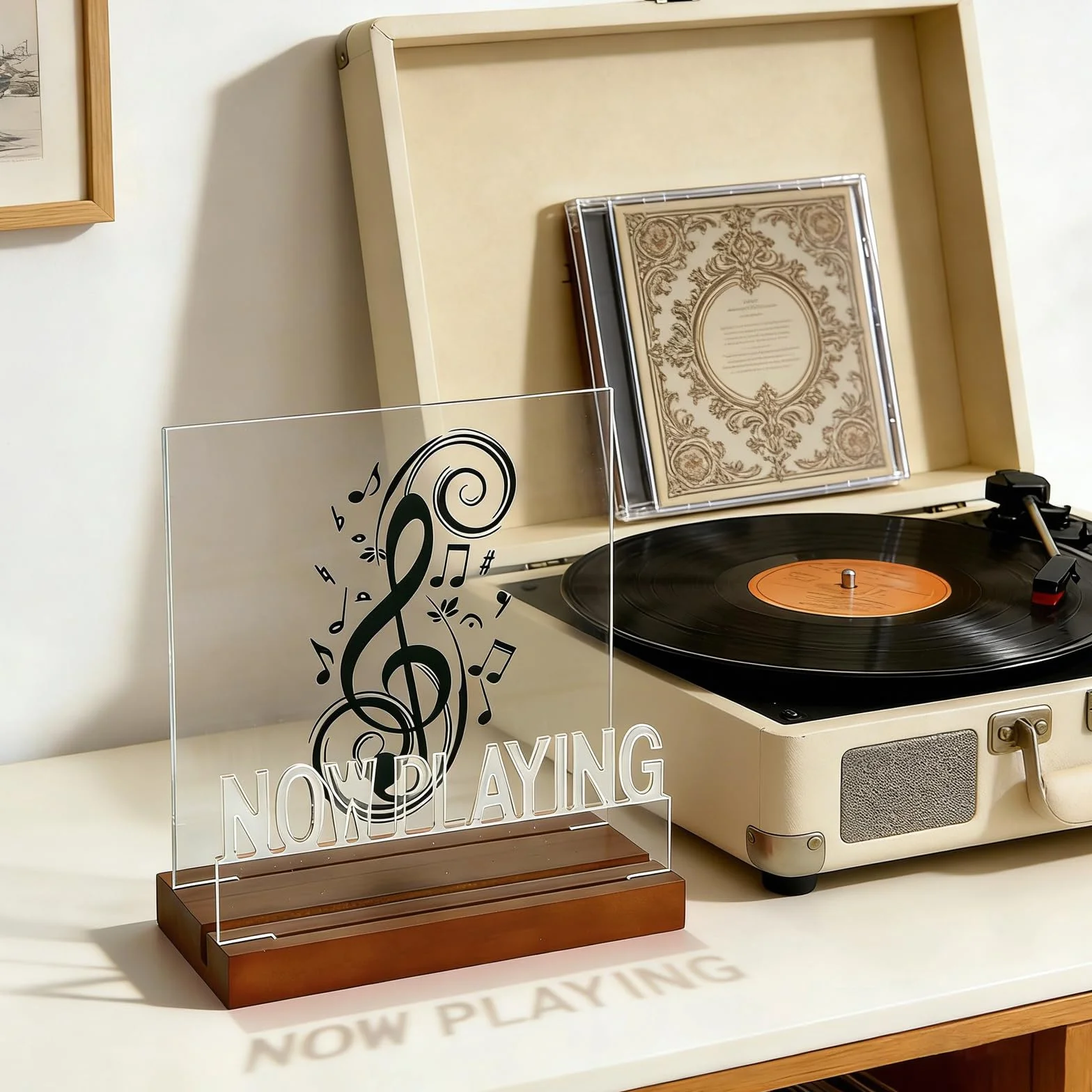 Now Playing stojak na płyty winylowe, drewniany, akrylowy uchwyt z ciepłymi białymi światłami, podświetl regał na płyty gramofonowe, teraz Playing Vinyl Record Stand do winylowych albumów i