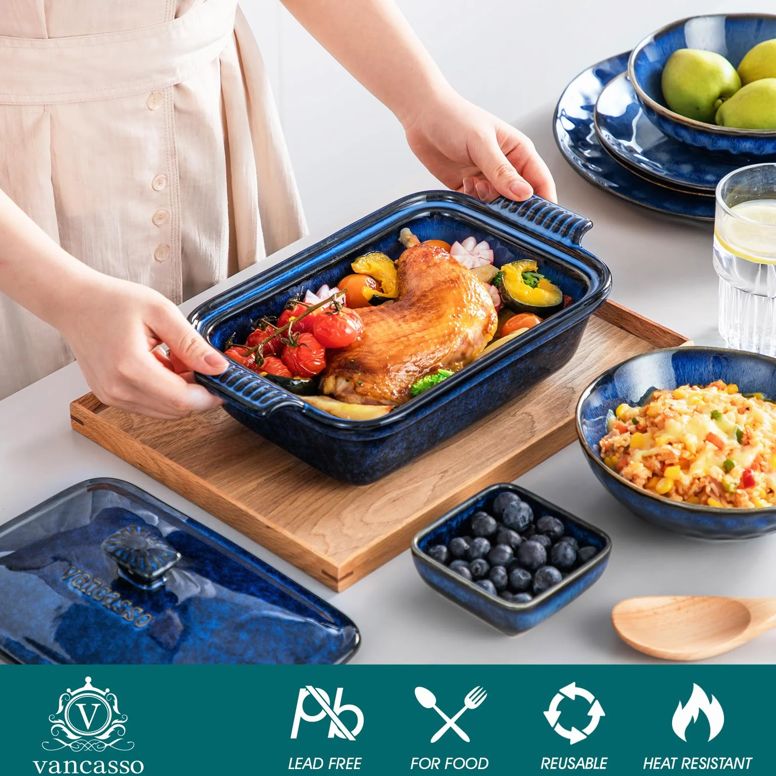 vancasso Gwiaździste naczynie do zapiekania z pokrywką, głęboka forma do lasagne o pojemności 1,8 l ceramiczne naczynie do zapiekania z pokrywką