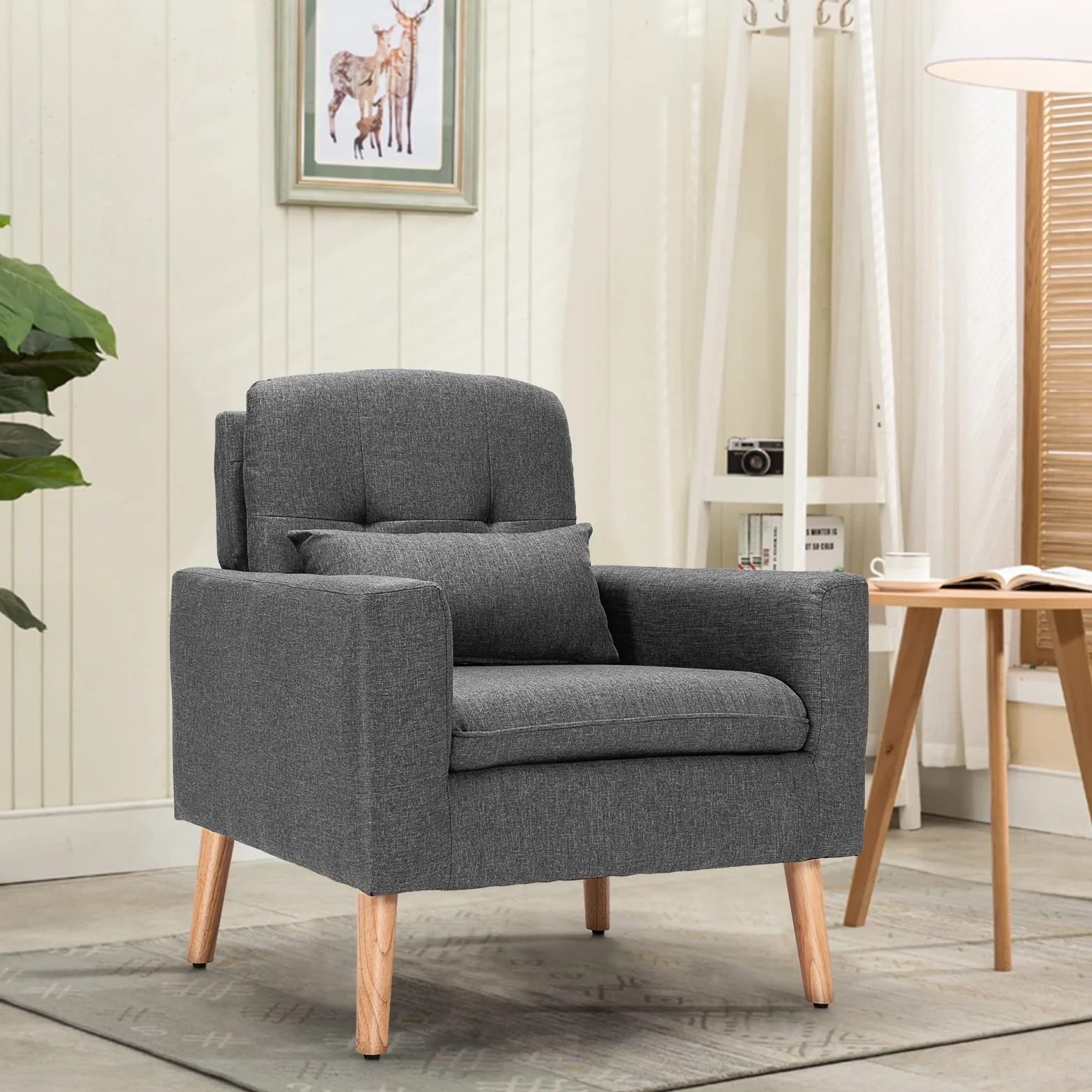COSTWAY Fotel relaksacyjny z podłokietnikami i poduszką pod plecy, pojedyncza sofa tapicerowana, fotel telewizyjny, szary, fotel klubowy do salonu, sypialni i biura, JV10104GRDE