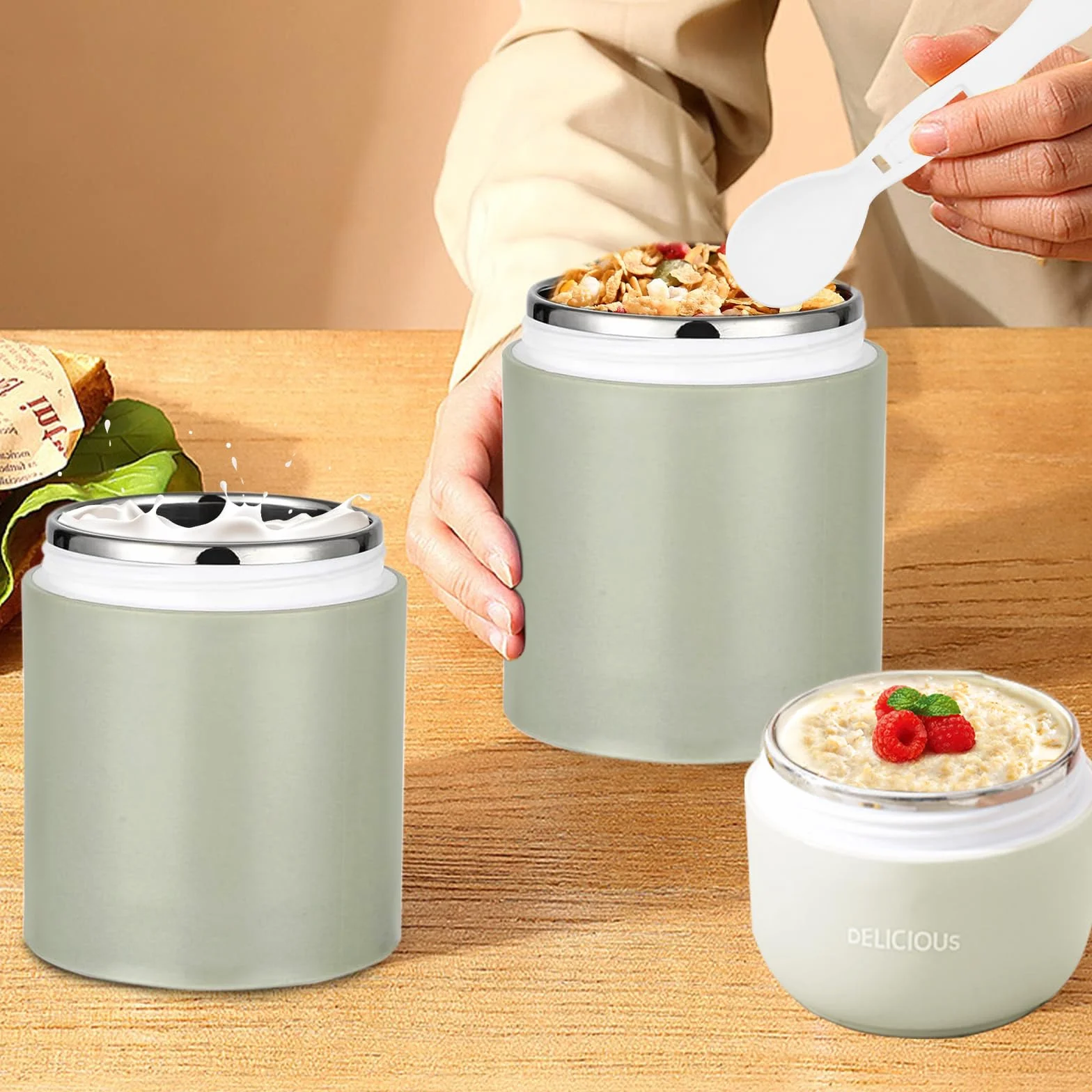 Chedin Kubek na musli To Go z pokrywką, kubek ze stali nierdzewnej, 730 ml, szczelny, z łyżką i pokrywką, dwuwarstwowe, szczelne, idealne do pracy (zielony)