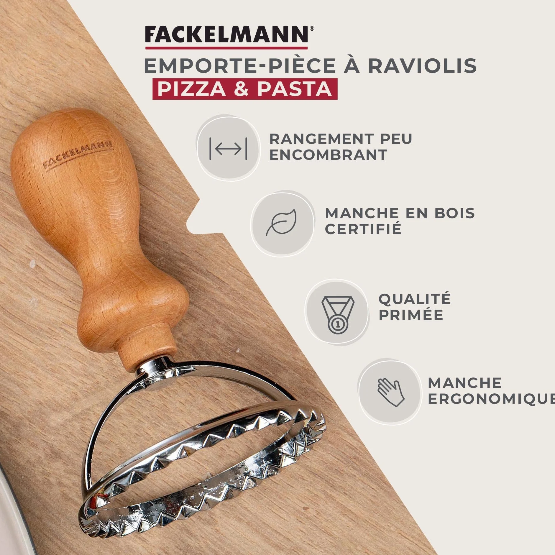 Fackelmann Foremka do ravioli – foremka do ravioli ze stali nierdzewnej ze stopu cynku – do domowego makaronu – ergonomiczny uchwyt z drewna bukowego o włoskim wyglądzie