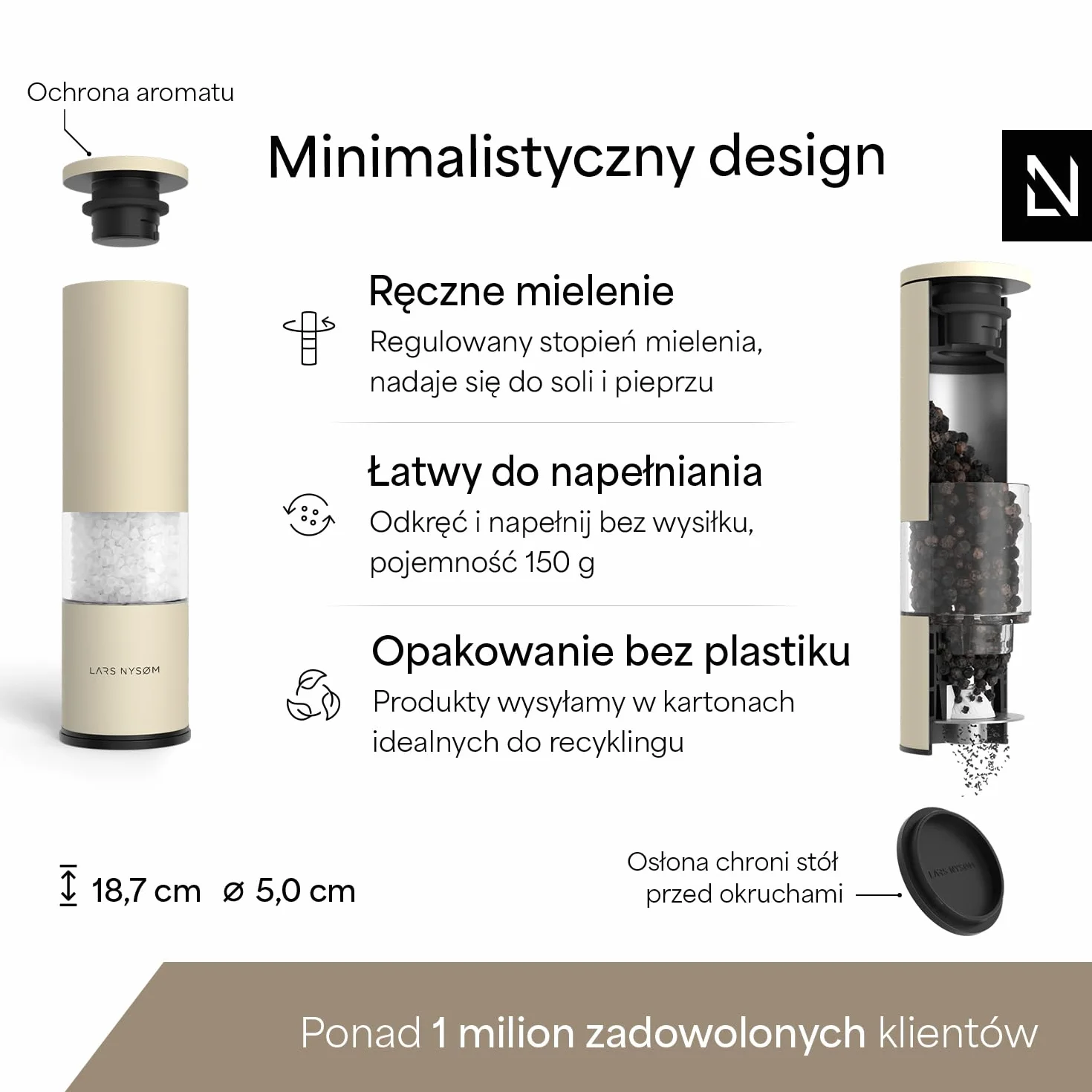LARS NYSØM Młynek do soli i pieprzu 2 sztuki Ręczny z regulowanym ceramicznym młynkiem od gruboziarnistego do drobnego I Zestaw młynków do przypraw (2 sztuki) (Almond Beige)