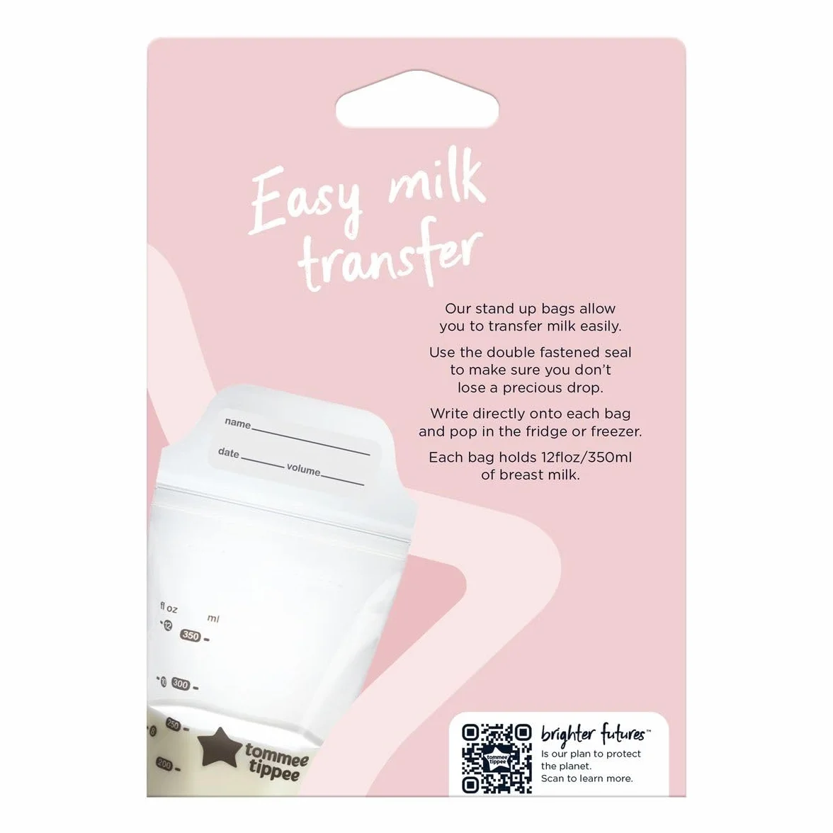 Tommee Tippee Closer to Nature Breast Milk Storage Bags, Pre-Sterilised Stand-Up Pouches, Secure Double Seal, Single Use, 350ml Capacity, Pack of 36