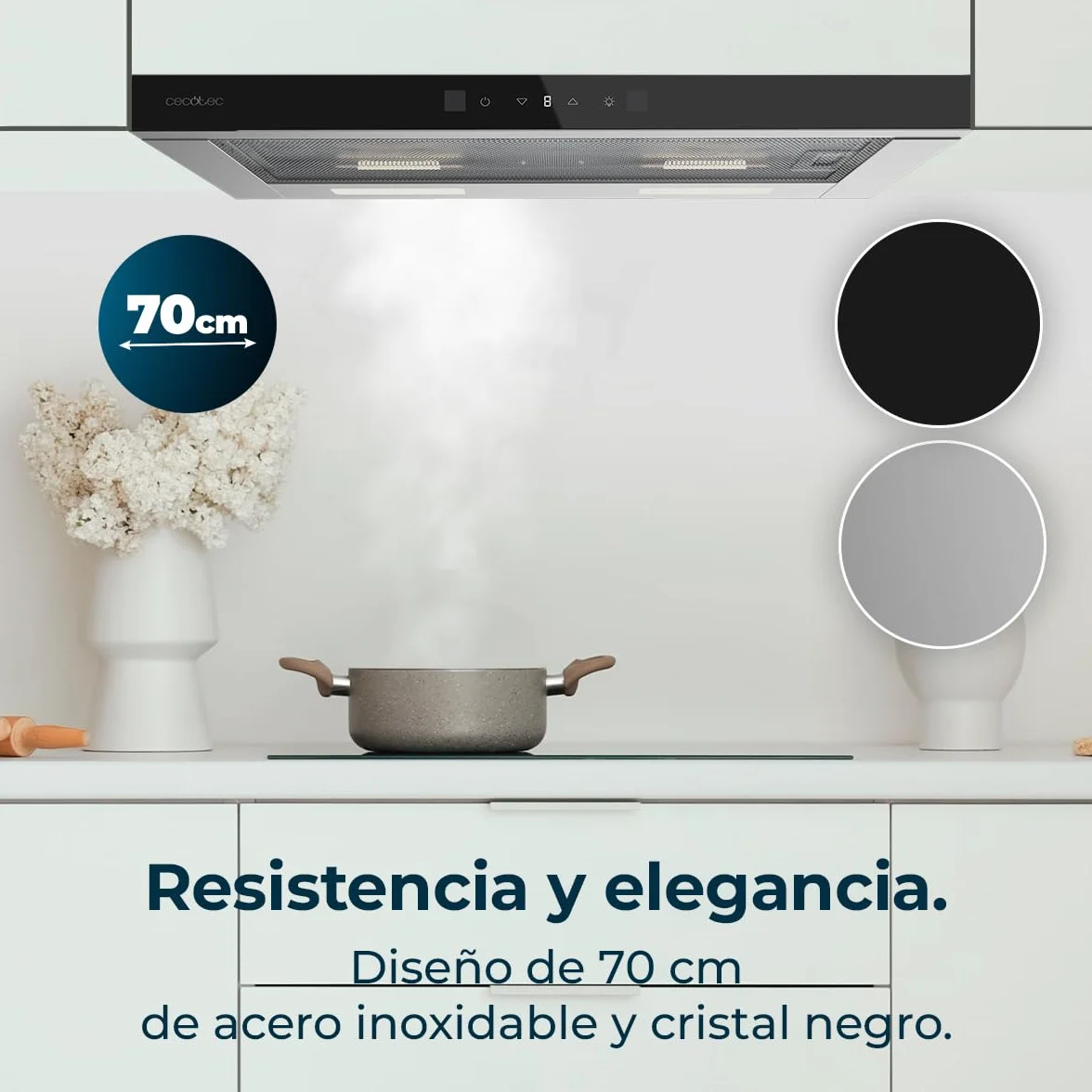Cecotec Okap teleskopowy 70 cm Bolero Flux TLT 704400 Glass Black A+++. Ssanie 431,2 m³/h, niskie zużycie prądu, silnik DC, kontrola ruchu i dotyk, szkło przednie czarny, korpus ze stali nierdzewnej