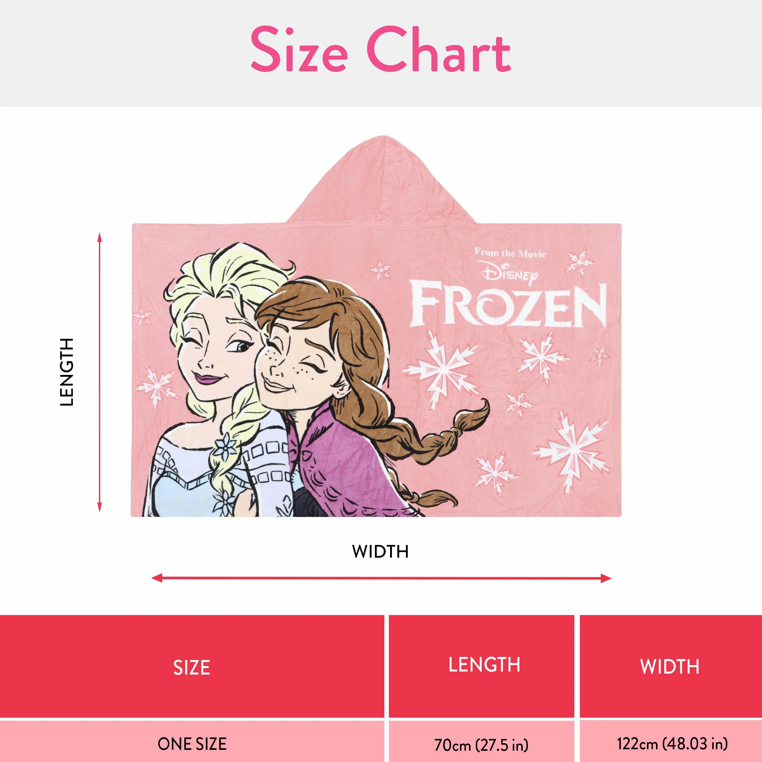 Disney Frozen Ręcznik Kąpielowy dla Dziewczynek, Elsa i Anna, Ręcznik z Kapturem do Noszenia, Plażowy i Basenowy, Różowy, Jeden Rozmiar