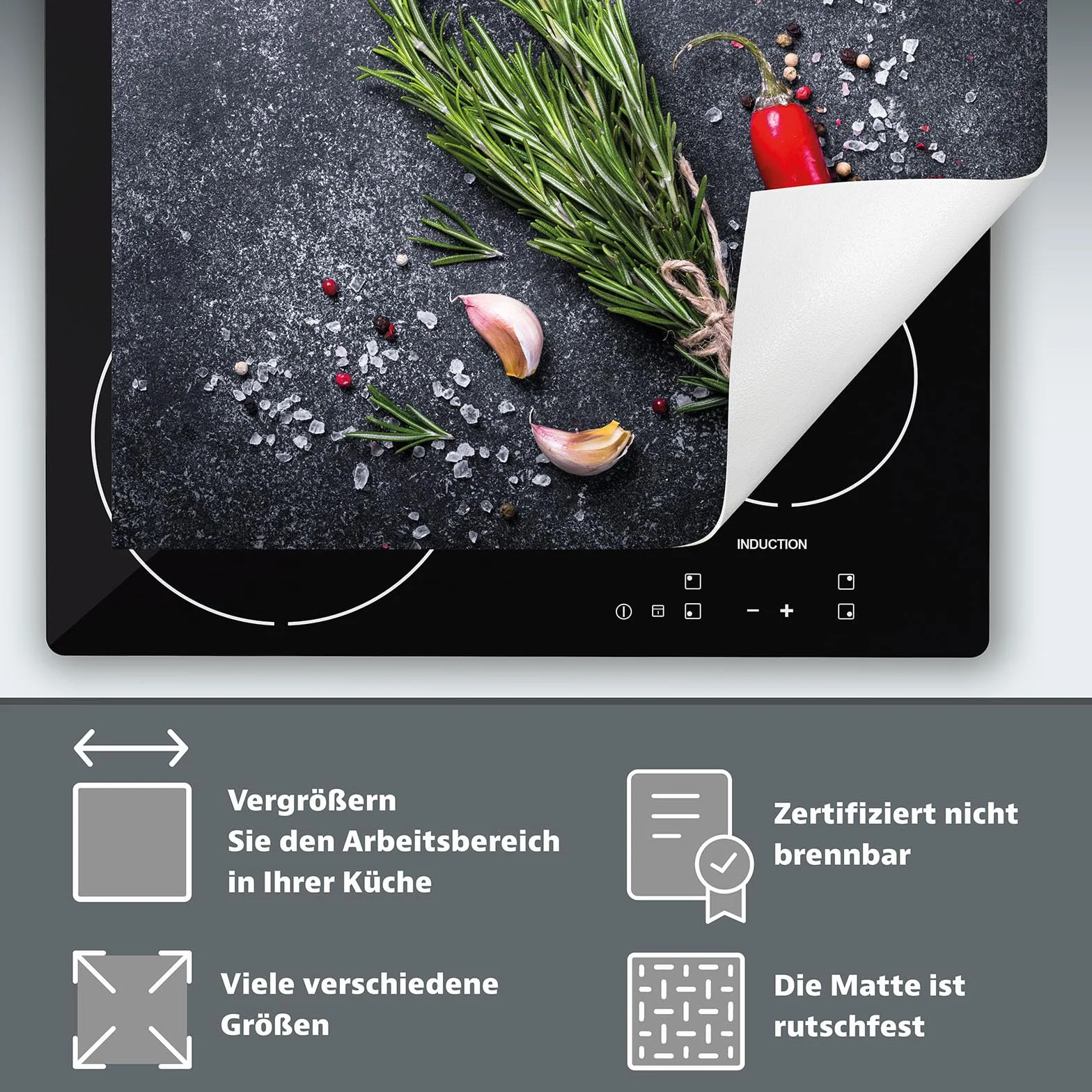 Mata ochronna na płytę indukcyjną 60x52 cm - Mata winylowa zwijana na blat - Mata dekoracyjna na kuchenkę - łupek - chili - przyprawy