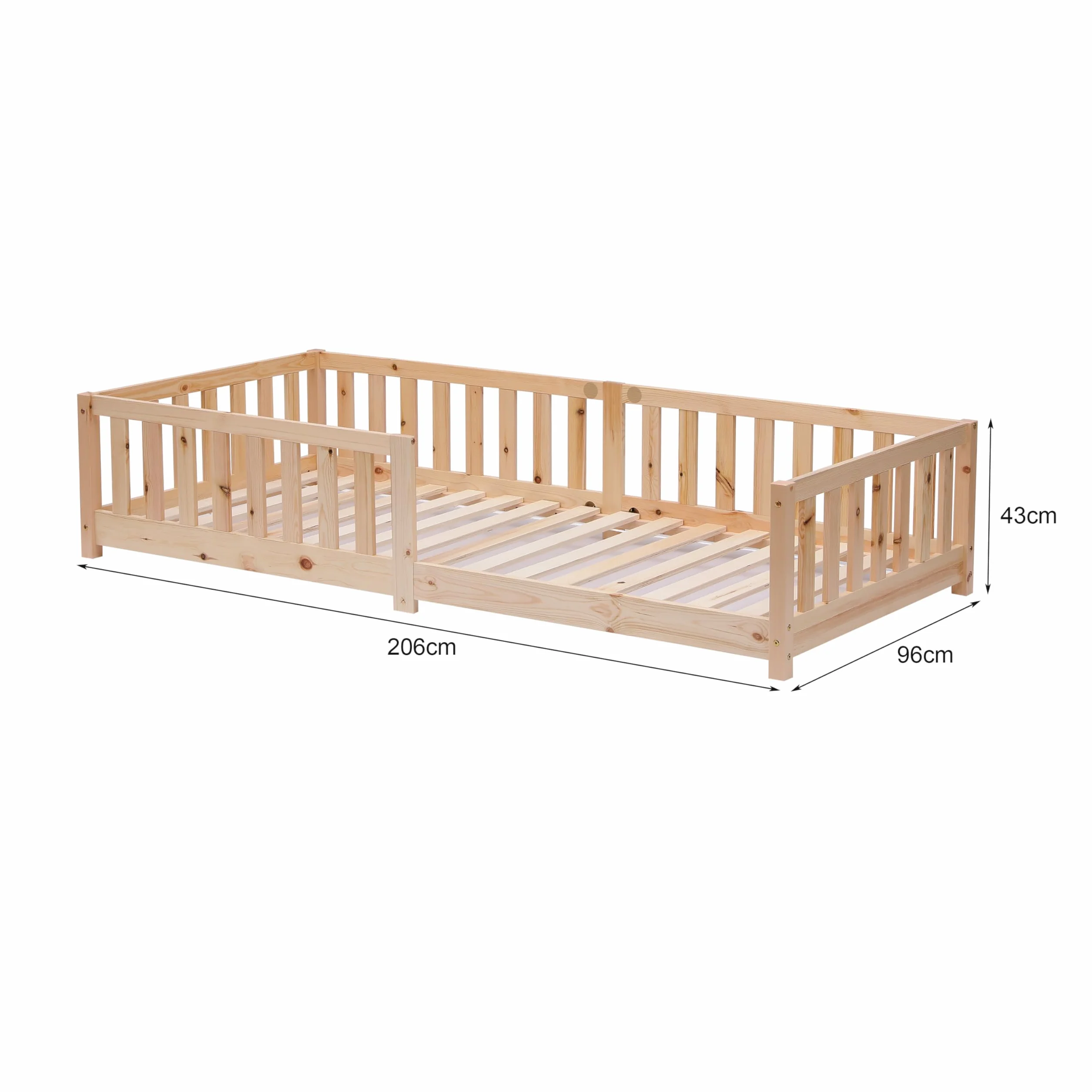ecomi® Łóżko dziecięce 90 x 200 cm, z zabezpieczeniem przed wypadnięciem, łóżko podłogowe, łóżko dziecięce ze stelażem, dla dziewczynek i chłopców, lite drewno sosnowe, kolor naturalny
