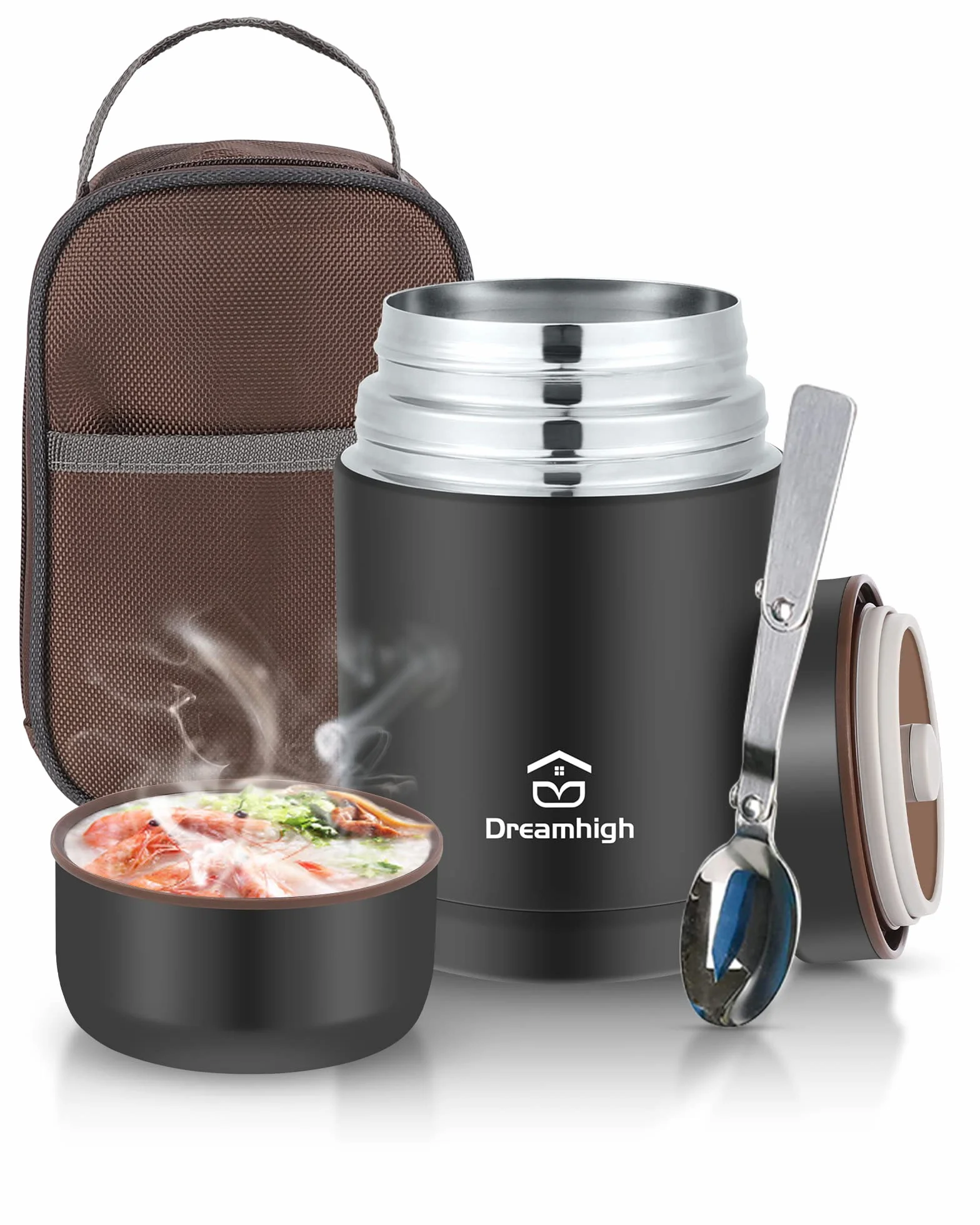 Dreamhigh® Termos na żywność, 800 ml, termos na zupę z łyżką, izolowany próżniowo pojemnik na żywność ze stali nierdzewnej, szczelny, z torbą do noszenia, utrzymuje gorące/zimne przez 12 godzin