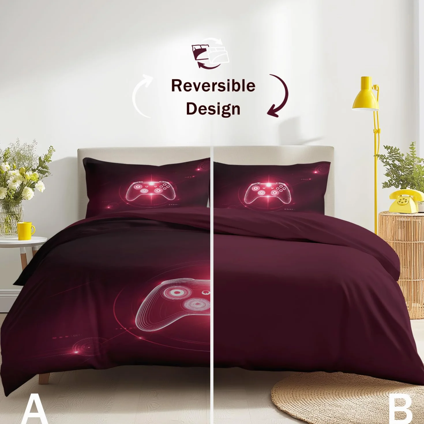Super King Premium zestaw poszewek na kołdrę 260 x 220 cm, czerwone wino, hipoalergiczne, dwustronne, 3 szt., do gier, futurystyczny, science fiction, neonowy kontroler, e-sport, poszewka na kołdrę na