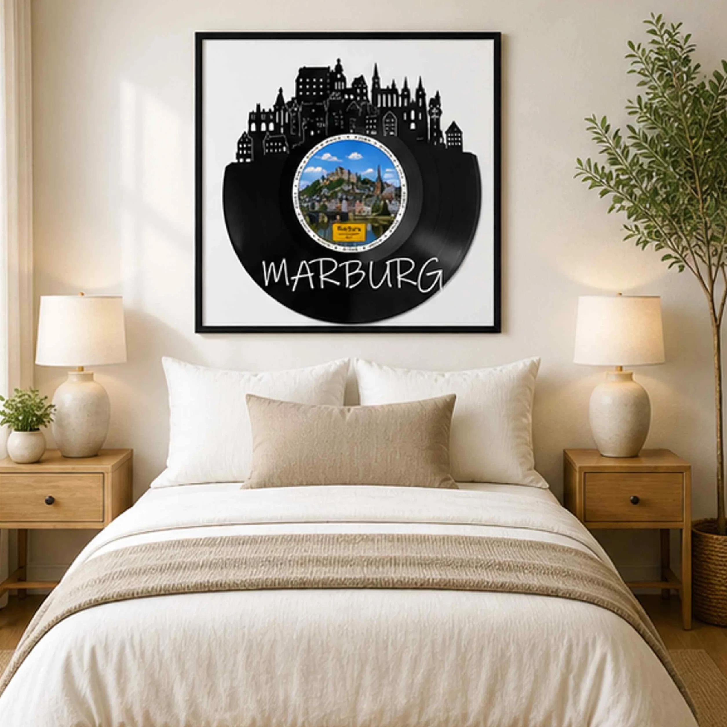 EVEVO Dekoracja ścienna z płyty gramofonowej w ramie 32 x 32 cm Marburg - winylowa sztuka ścienna, miasto uniwersyteckie, prezent dla fanów Marburga, studentów