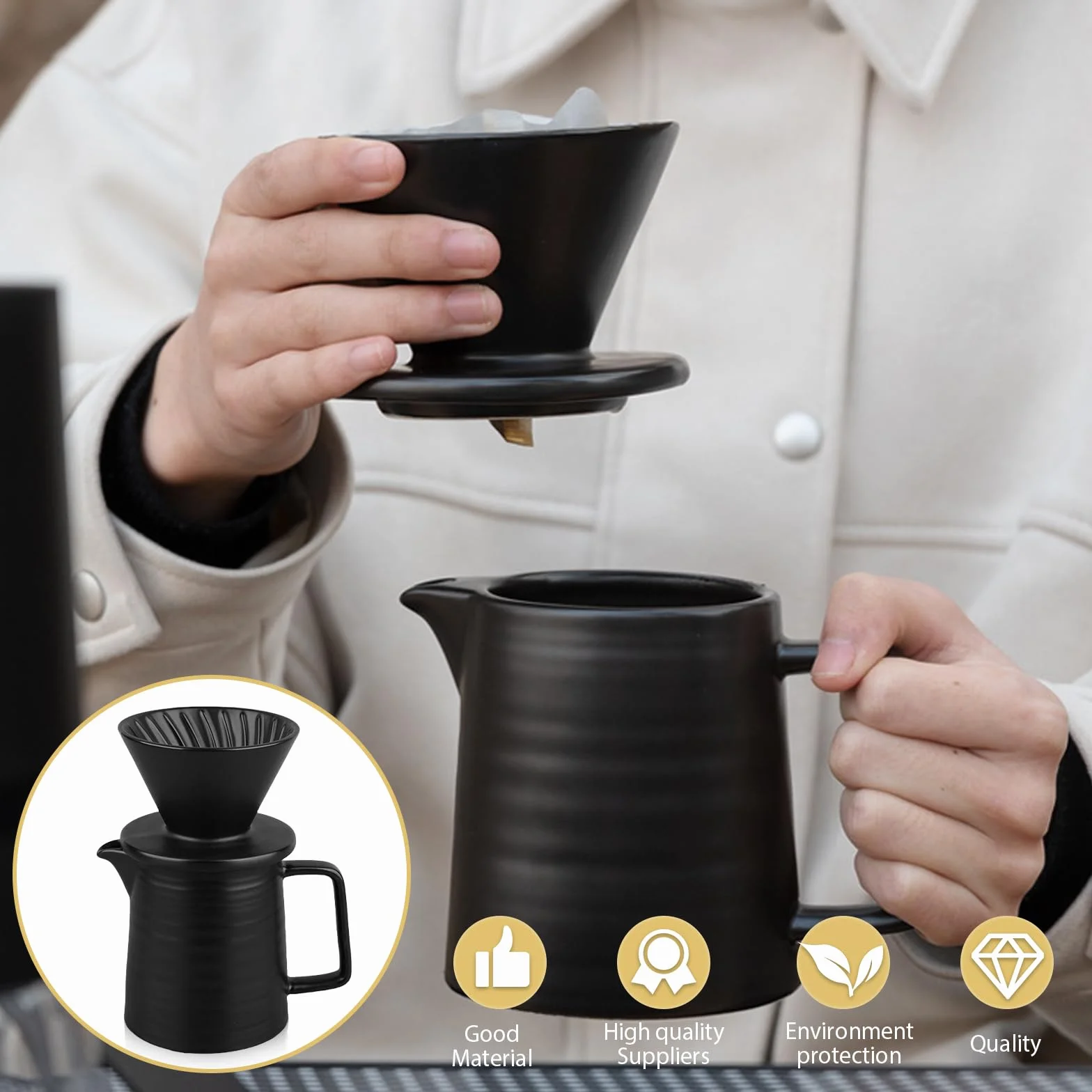 Leikurvo Dla Over ekspres do kawy z tłokiem, 450 ml, porcelanowy filtr do kawy z kubkiem i 100 filtrami papierowymi, ceramiczna kropla do kawy, ręczny ekspres do kawy, do domu, biura