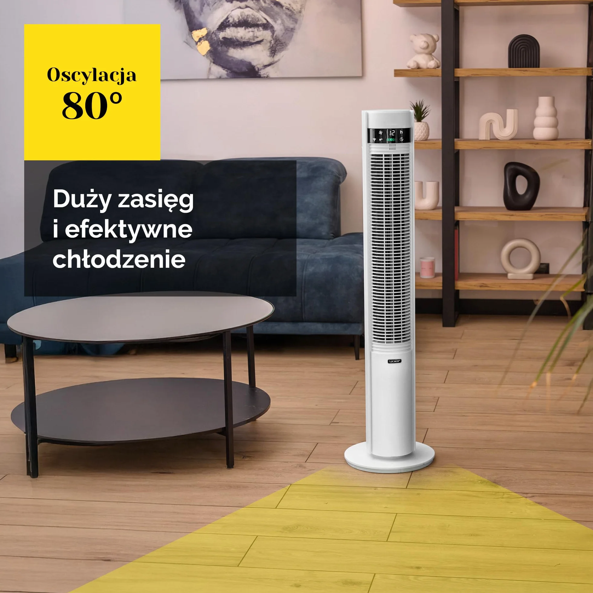 Yoer 19dB Cichy Wentylator kolumnowy, Jonizator plazmowy, 12 m Zasięg nawiewu, 12 Prędkości pracy, 3 Tryby pracy, 12h Timer, 80° Oscylacja, Pilot zdalnego sterowania, CoolWhisper TF07W, biały