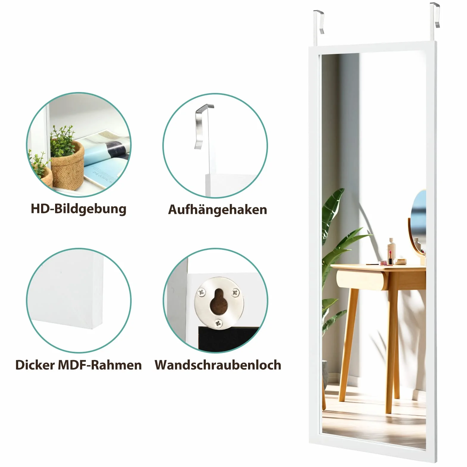 COSTWAY Lustro wiszące na drzwi lub ścianę, lustro pełnopostaciowe z regulowanymi wieszakami, lustro do sypialni, salonu i przedpokoju 120x37cm (Biały)