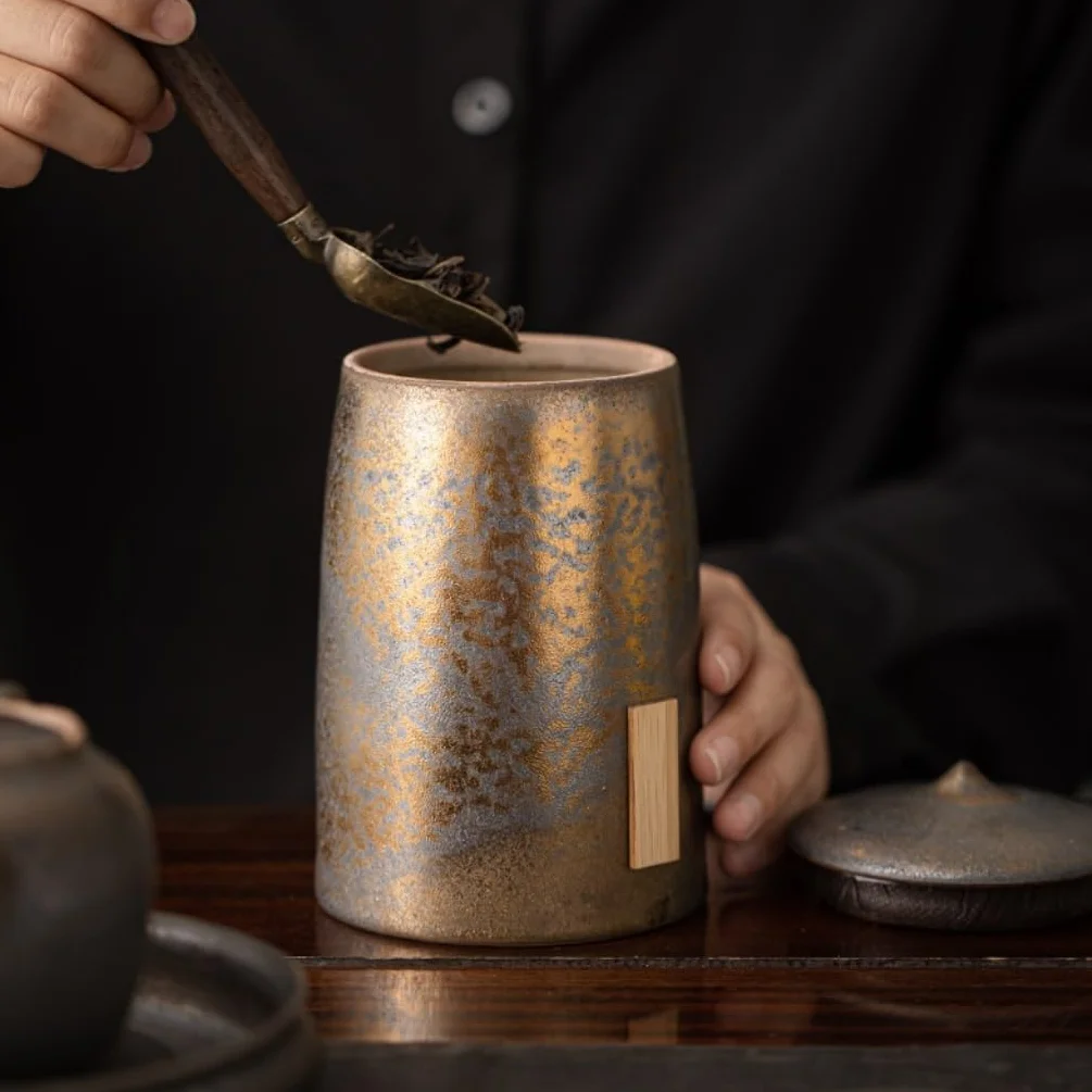 XYNSNDB Słoik cukru Chiński retro pozłacany żelazny kapelusz Bambusowy kapelusz Puszka na herbatę Ceramiczne przechowywanie herbaty o dużej pojemności Puszka na herbatę Zamknięta puszka do użytku