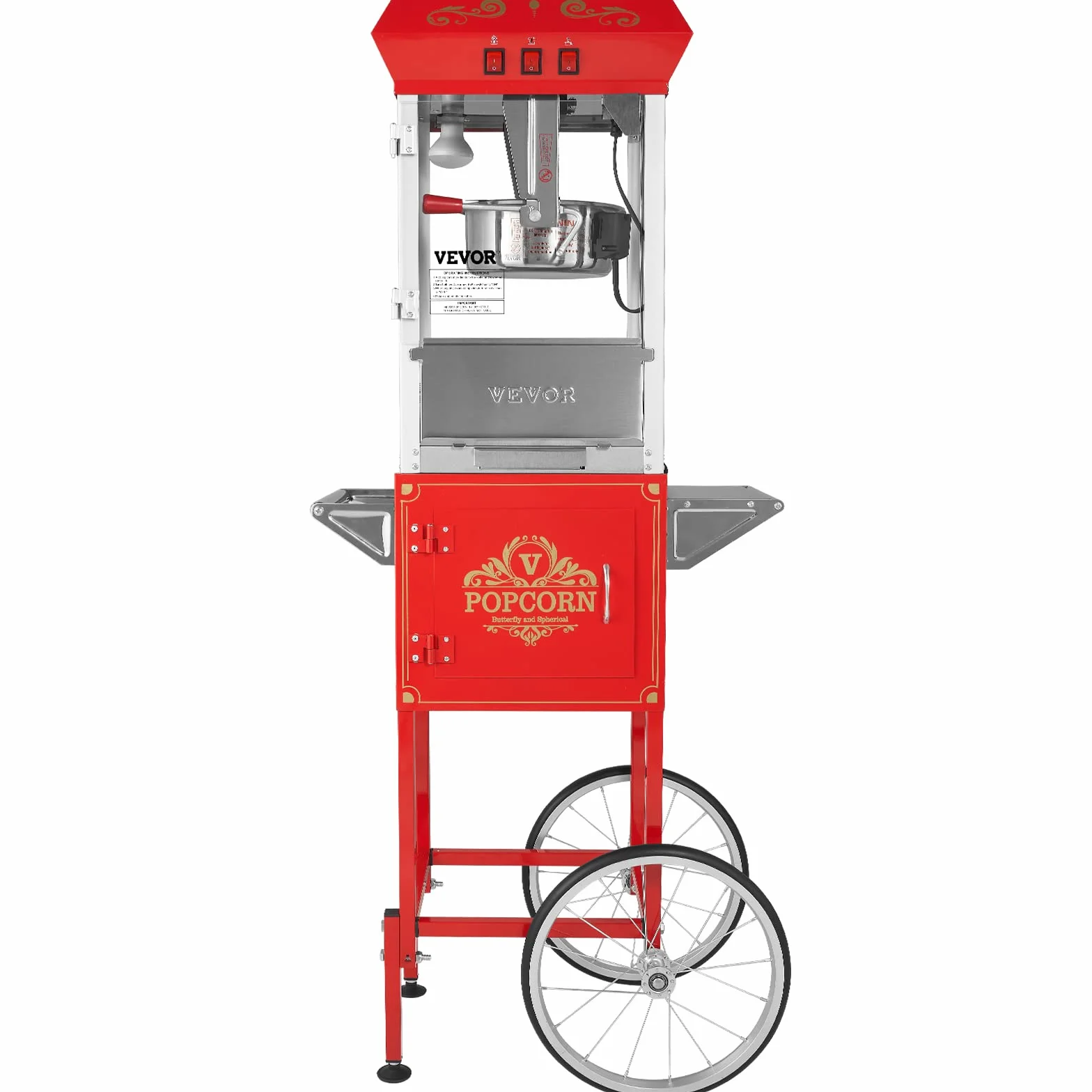 VEVOR Maszyna do popcornu z wózkiem 850 W, czajnik elektryczny do popcornu 0,22 kg na 48 filiżanek partii, maszyna do popcornu ze szkłem hartowanym, zawiera 4 miarki, styl kinowy
