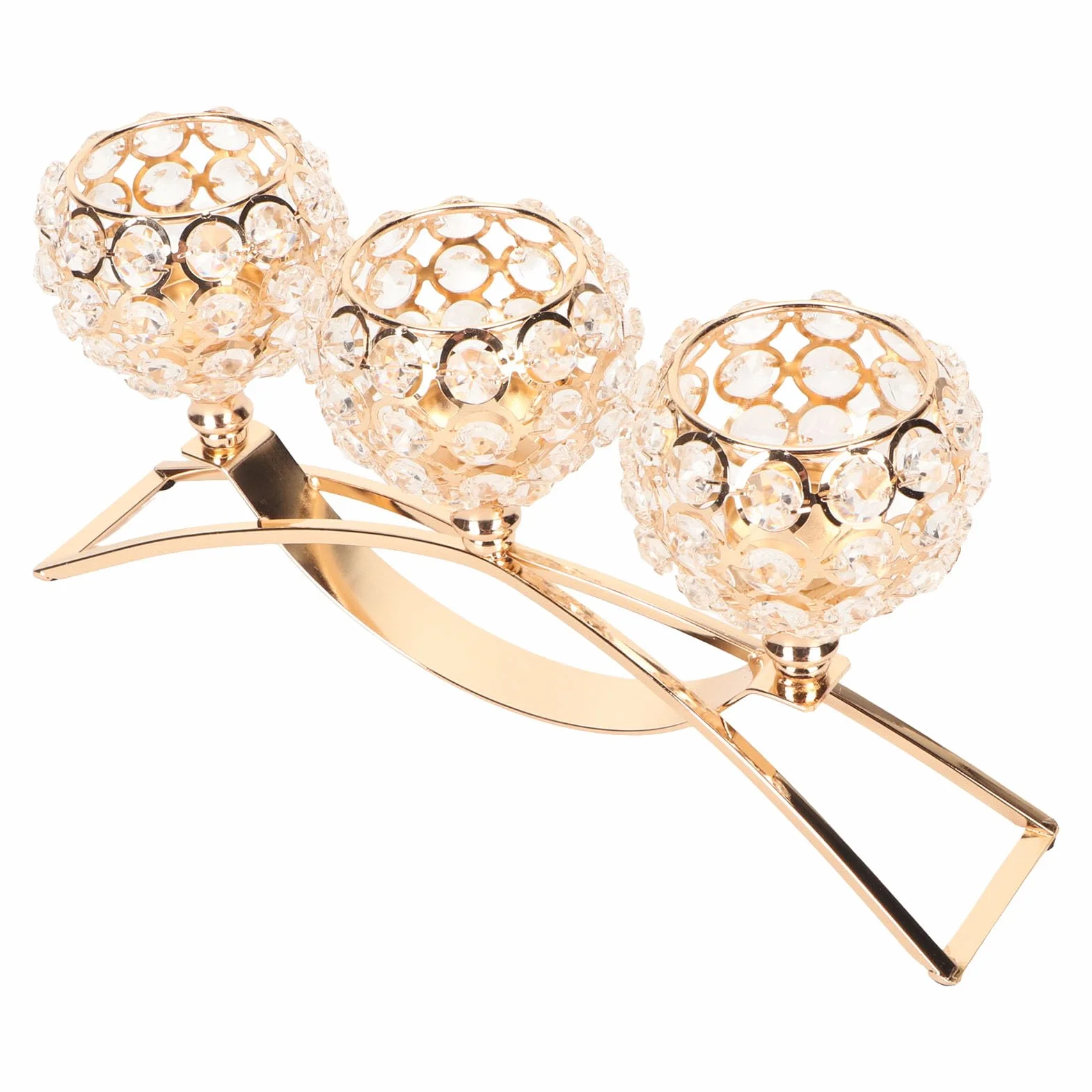 Gold Crystal Candle Holders, 3 Ramiona Kryształowa Miska Tealight Candelabra, Wiatroodporna Konstrukcja, Szeroka Podstawa do Stolika Centralnego Wystroju Domu ślub ślub