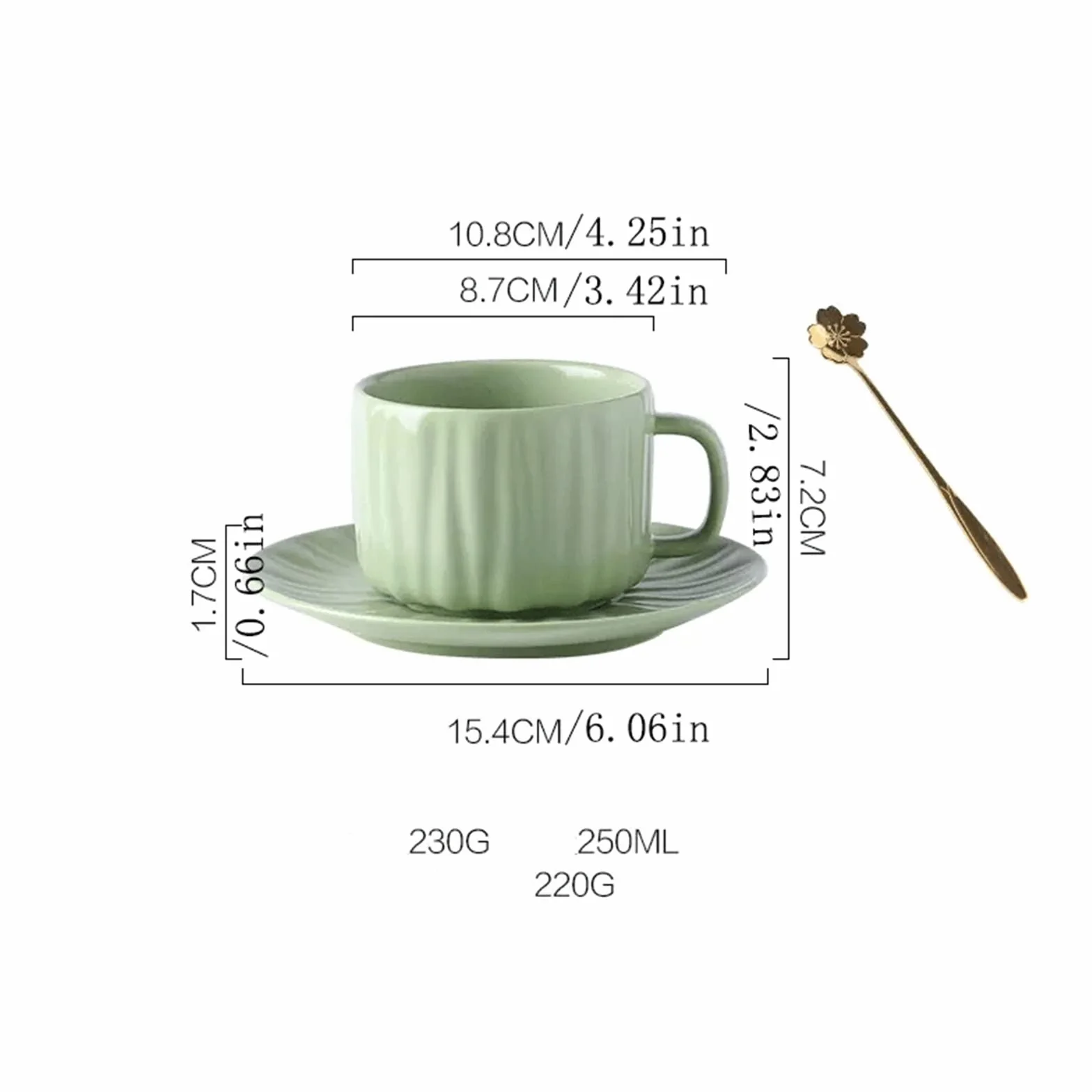Kubki do kawy, Zestaw ceramicznych filiżanek do kawy 250 ml ze spodkiem i łyżeczką, biało-zielony(White)
