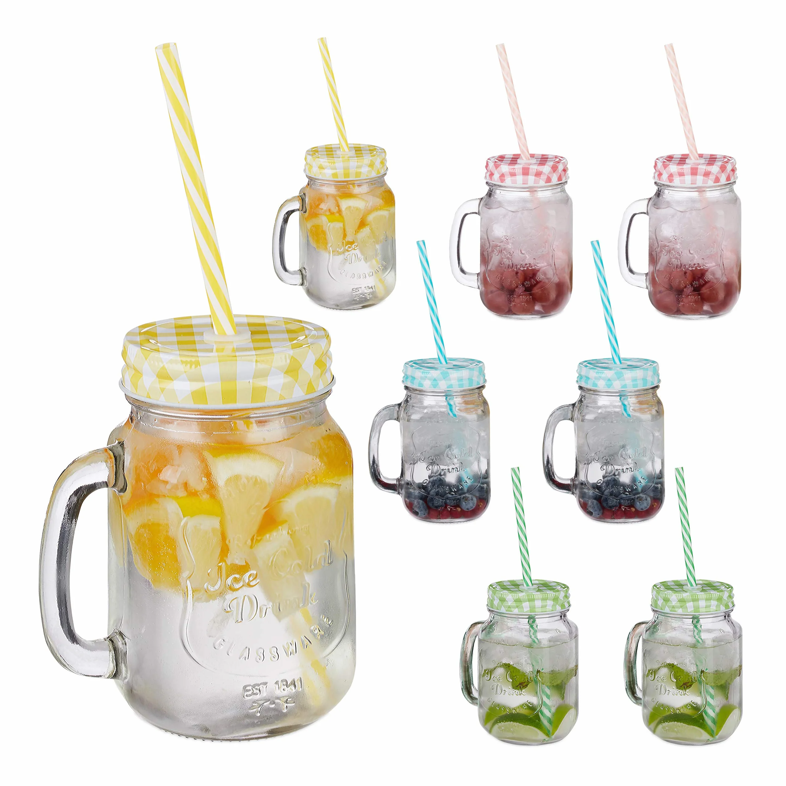 Relaxdays 16 szklanek do picia ze słomką, 400 ml, wys. x szer. x gł.: 13 x 10,5 x 15 cm, pokrywki z uchwytem, zestaw szklanek do napojów lodowych, kolorowe
