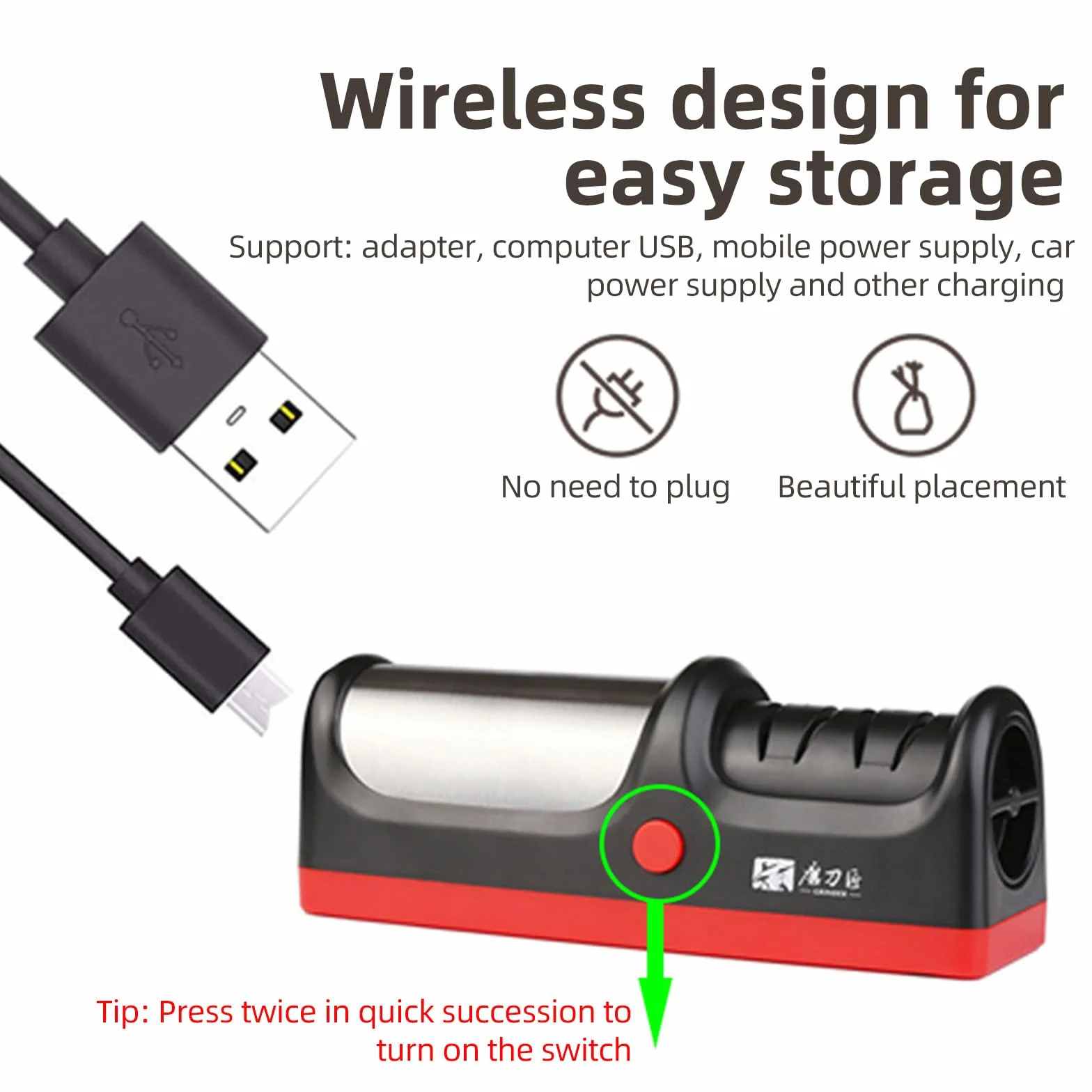 Elektryczna ostrzałka do noży Topyond 11W Zasilanie USB Ładowanie Głowica do ostrzenia Wymienna 2-stopniowa diamentowa szlifierka zgrubna/dokładna, Diamentowa elektryczna