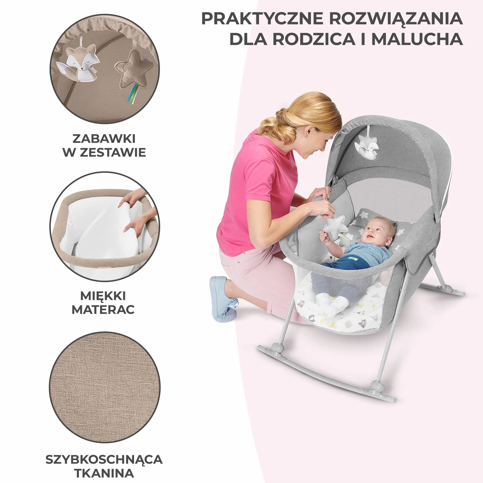 Kinderkraft Łóżeczko dziecięce 3w1 LOVI, Łóżko turystyczne, Kołyska, Proste składanie, Pałąc z zestawem zabawek i moskitera w zestawie, Regulowana budka, Torba ułatwiająca transport, Beżowy