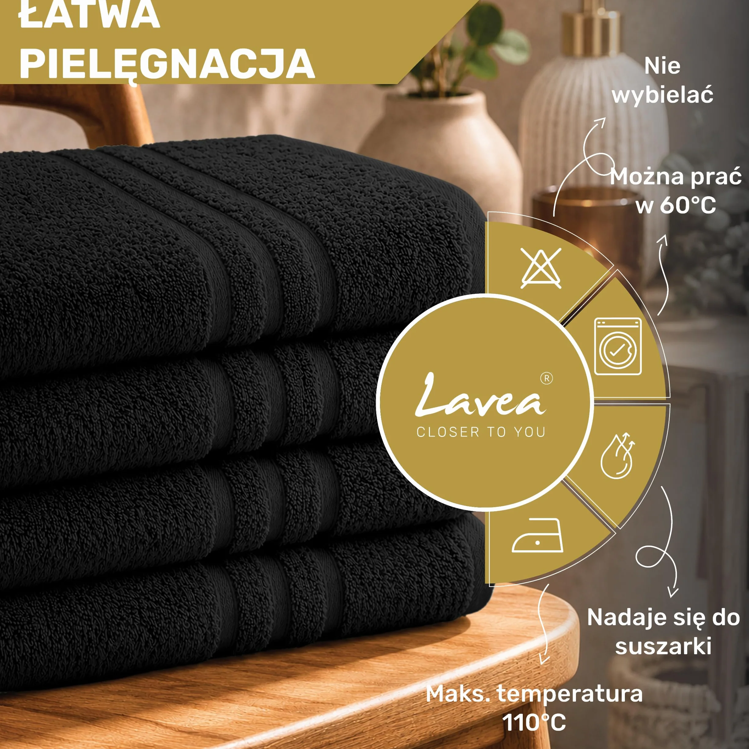Lavea® Zestaw 4 ręczników kąpielowych 50x100 cm 100% bawełna – Miękkie i chłonne – Idealne jako ręcznik do rąk, ręcznik kuchenny lub do twarzy do domu, hotelu i spa – Czarny