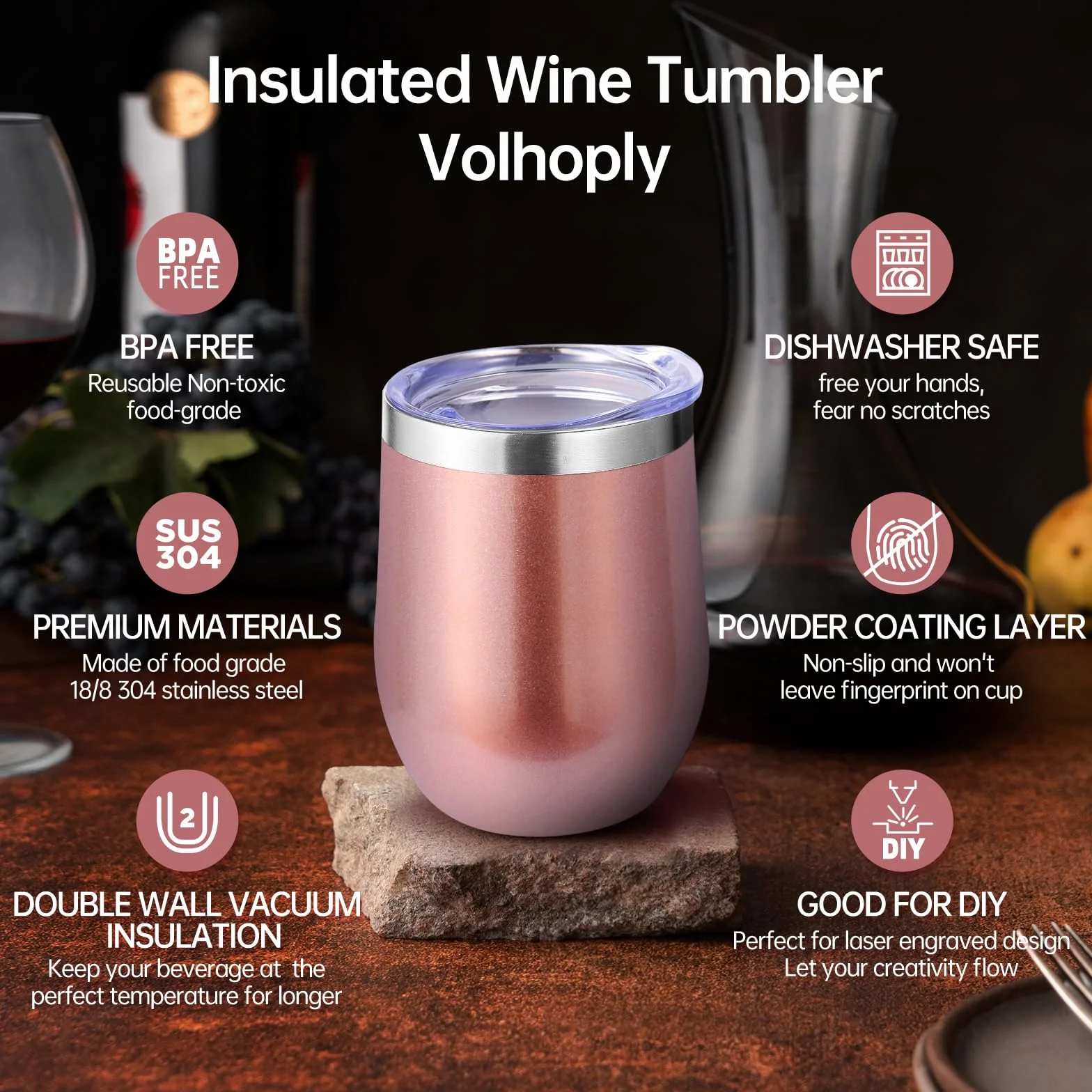 Volhoply prezenty świąteczne, 8-pack kubków do wina 350ml, stal nierdzewna, bez nóżek, z pokrywkami, podwójna ścianka próżniowa, kubki do kawy podróżne, z słomką, 8 sztuk (różowe złoto)