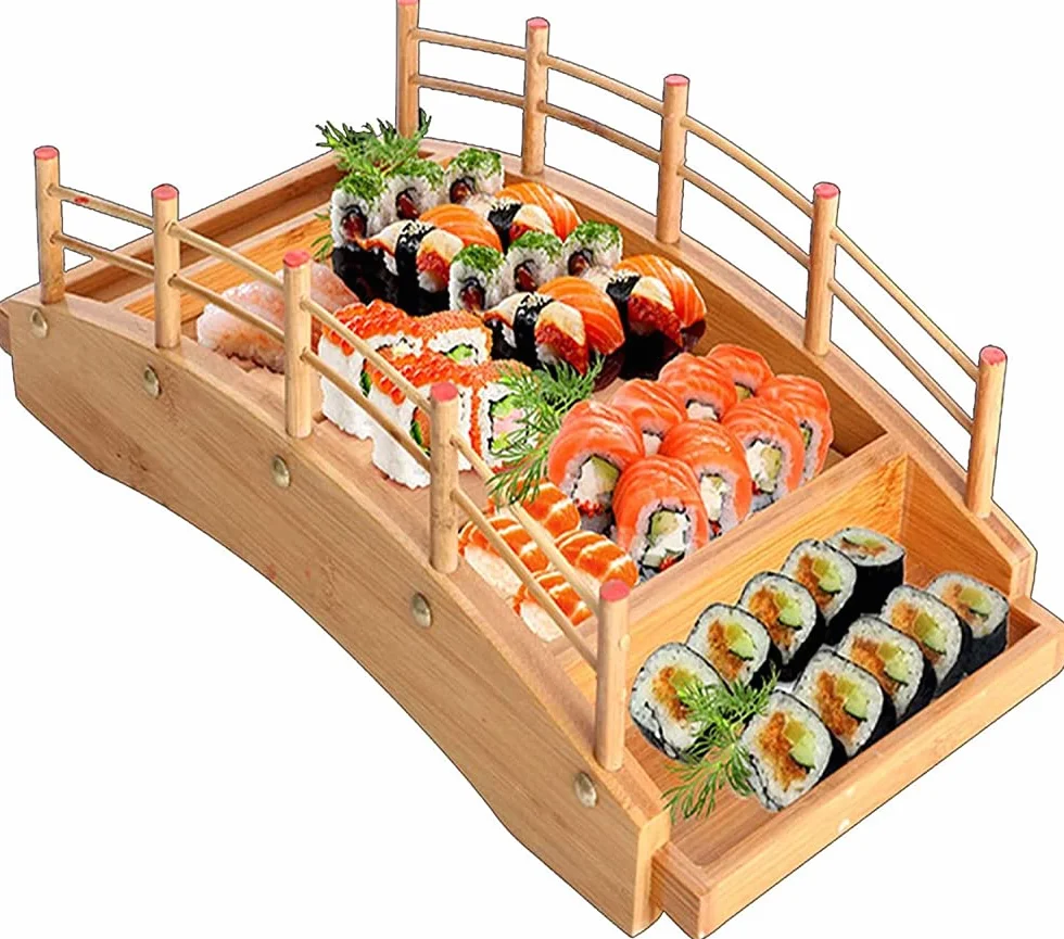 Drewniana taca do serwowania łodzi z mostem sushi, 43 cm – zdemontuj pojemnik na sashimi, dolna deska dla eleganckiego doznania kulinarnego
