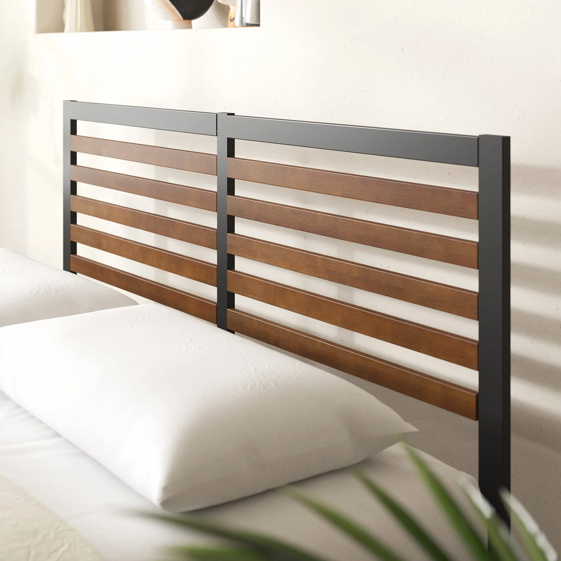 Zinus Kai Łóżko 160 x 200 cm – wysokość 23 cm, łóżko king-size – metalowa rama łóżka bambusowego (brązowo-czarna)