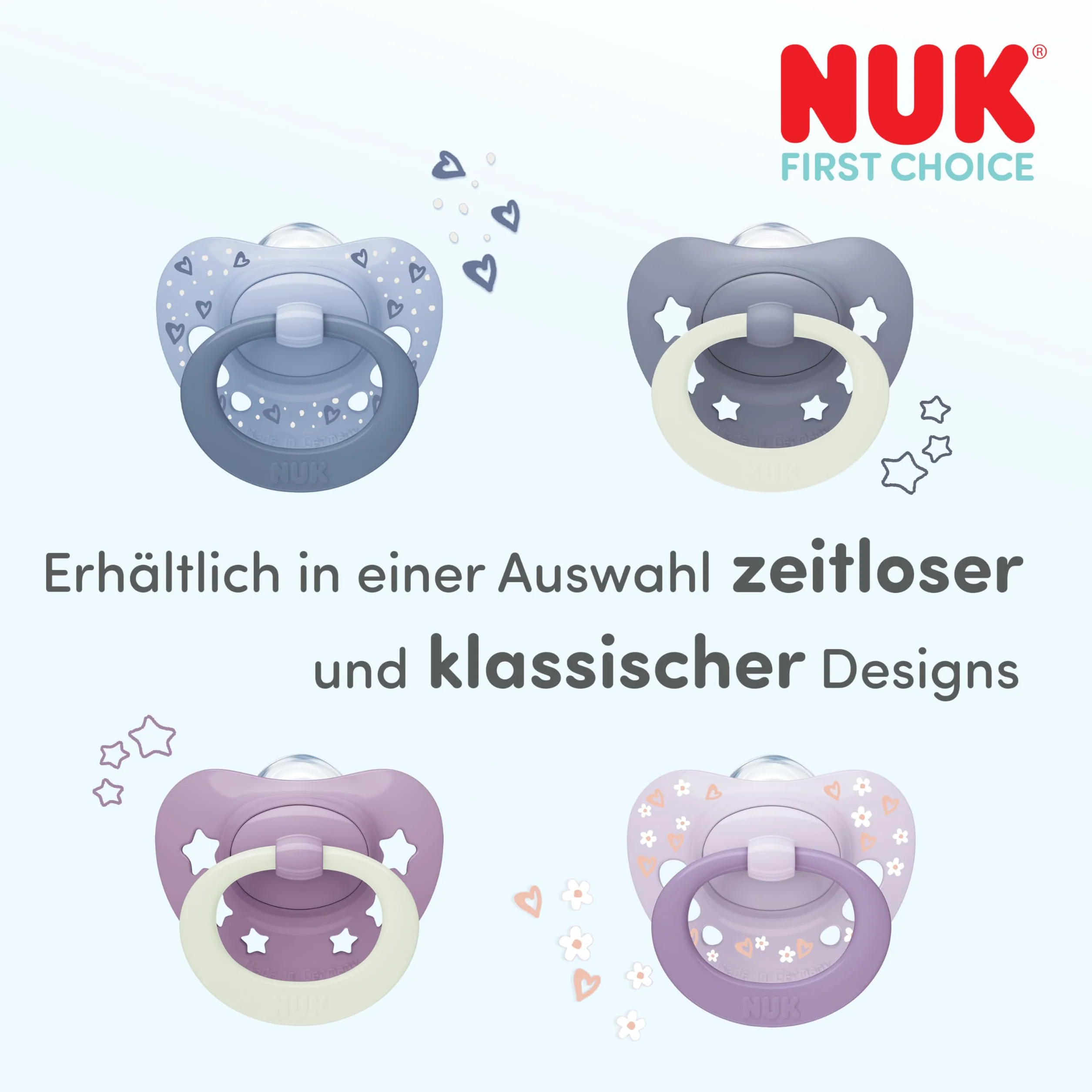 NUK First Choice Classic Night Smoczki dla niemowląt | 0-6 miesięcy | Ortodontyczne smoczki świecące w ciemności | 95% akceptacji przez niemowlęta** | Niebieskie | 2 sztuki