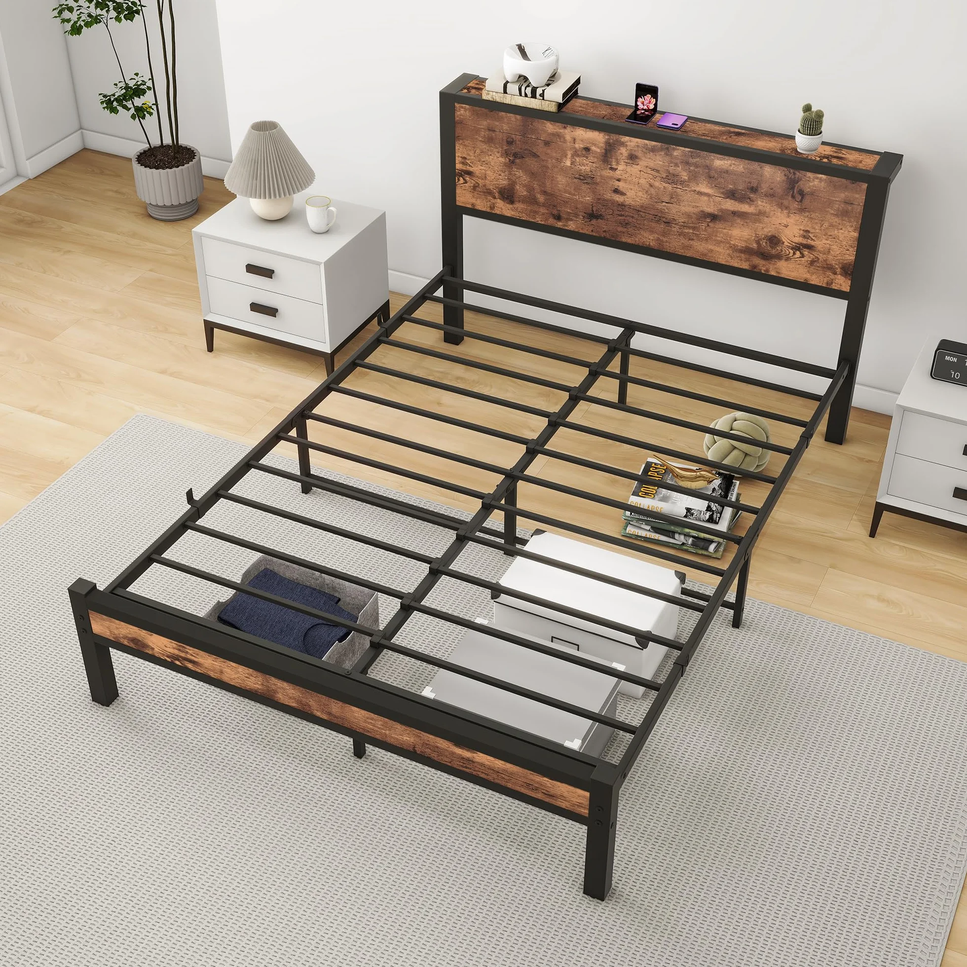HOMERECOMMEND Rama łóżka 140 x 200, łóżko podwójne 140 x 200 cm, stelaż z metalu, łóżko dla gości do małych pomieszczeń, kolor czarny i brązowy
