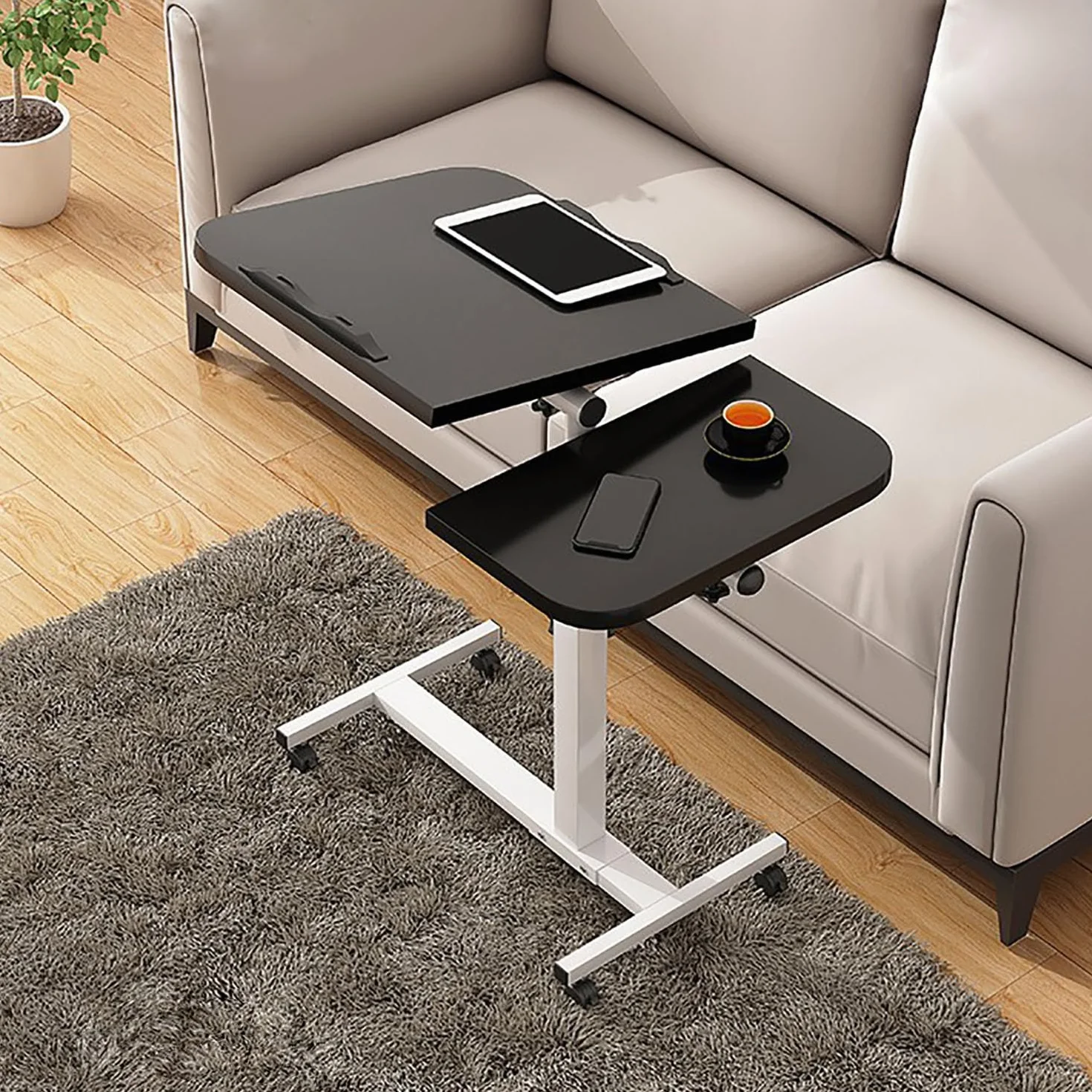 Regulowany składany stolik pomocniczy z kółkami – mobilna sofa z regulacją wysokości i kąta nachylenia, idealny do domu i biura, biały, wszechstronny laptop i biurko do jadalni