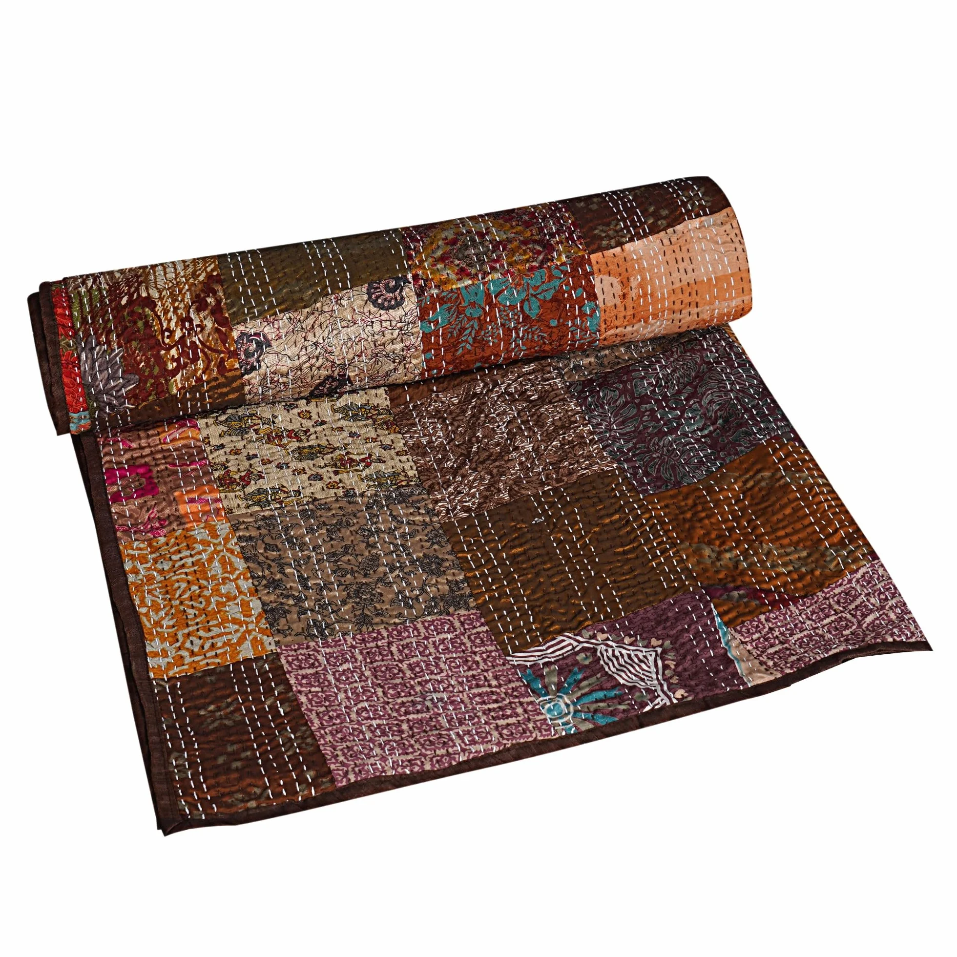 Jedwabna patchworkowa kołdra Kantha, ręcznie szyta kołdra w stylu vintage, dwustronna narzuta i narzuta w stylu boho, lekka, ręcznie robiona dekoracja, brązowa, niemowlęta, 127 x 152 cm