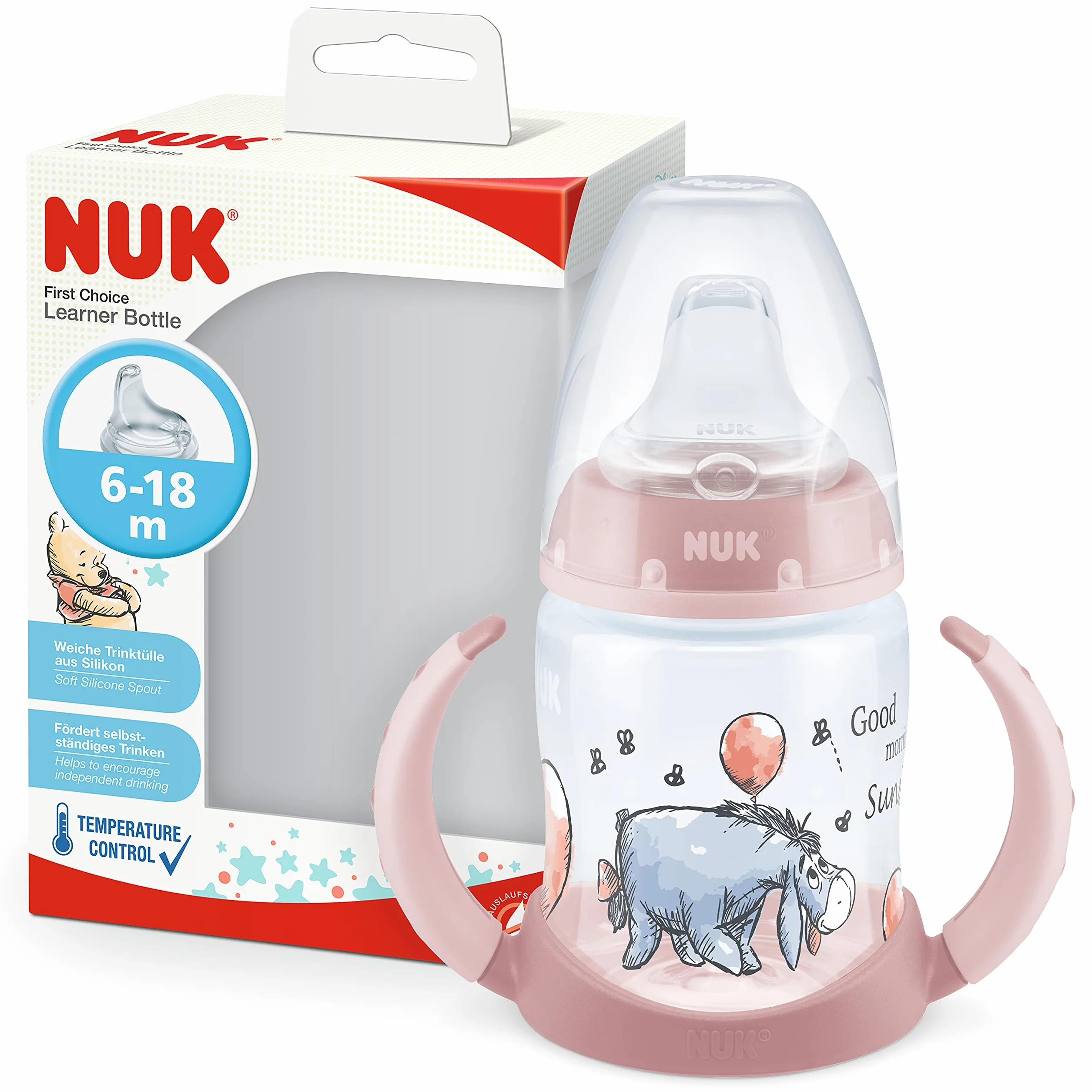Kubek niekapek NUK First Choice Learner Cup | 6-18 miesięcy | Wskaźnik kontroli temperatury | Nieprzeciekający silikonowy dzióbek | Odpowietrznik antykolkowy | Bez BPA | 150 ml | Winnie (różowy)